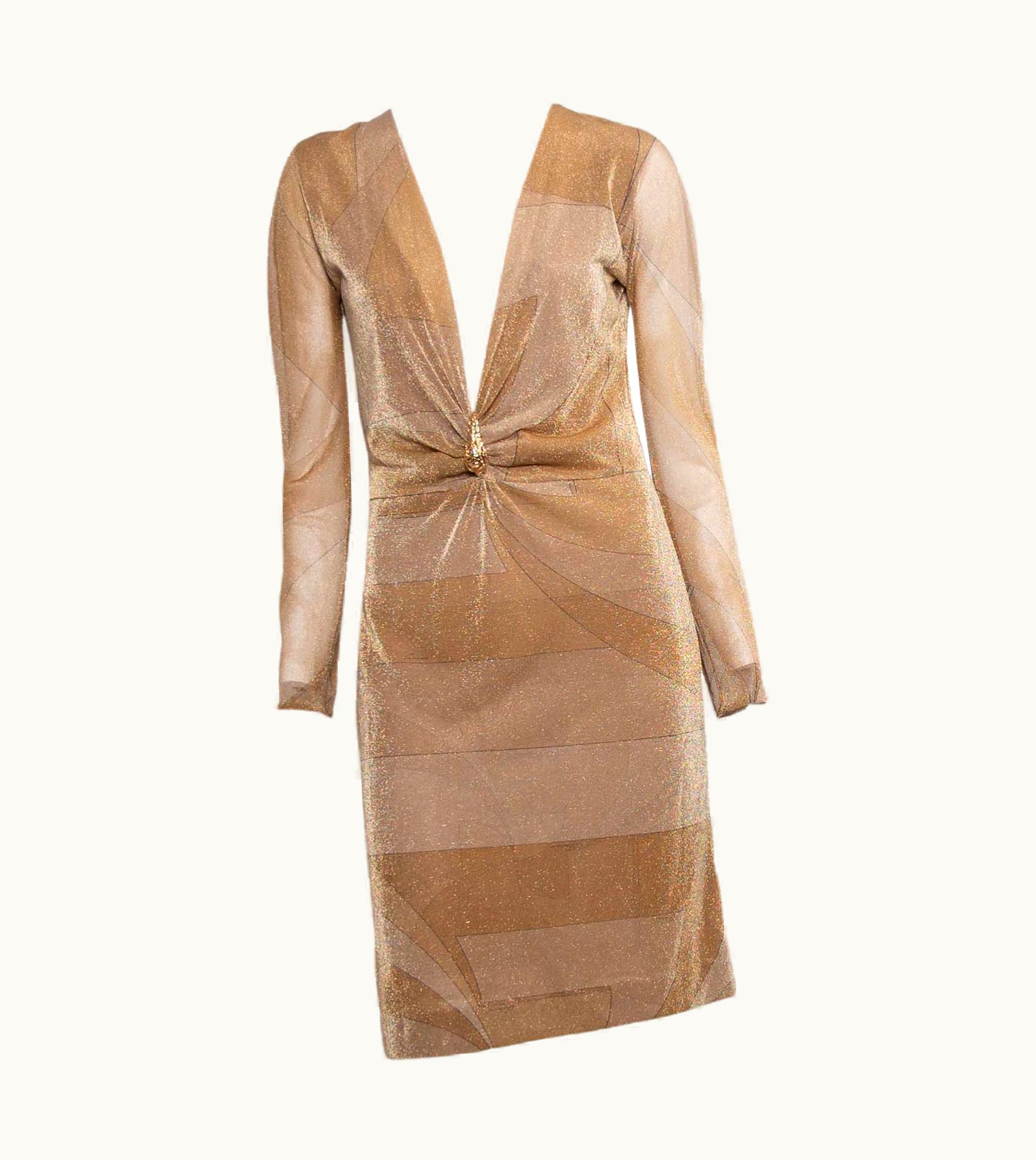 Gucci AW 2000 Gucci By Tom Ford Sheer Gold Metallic Lurex Disco Dress Tiger Accent