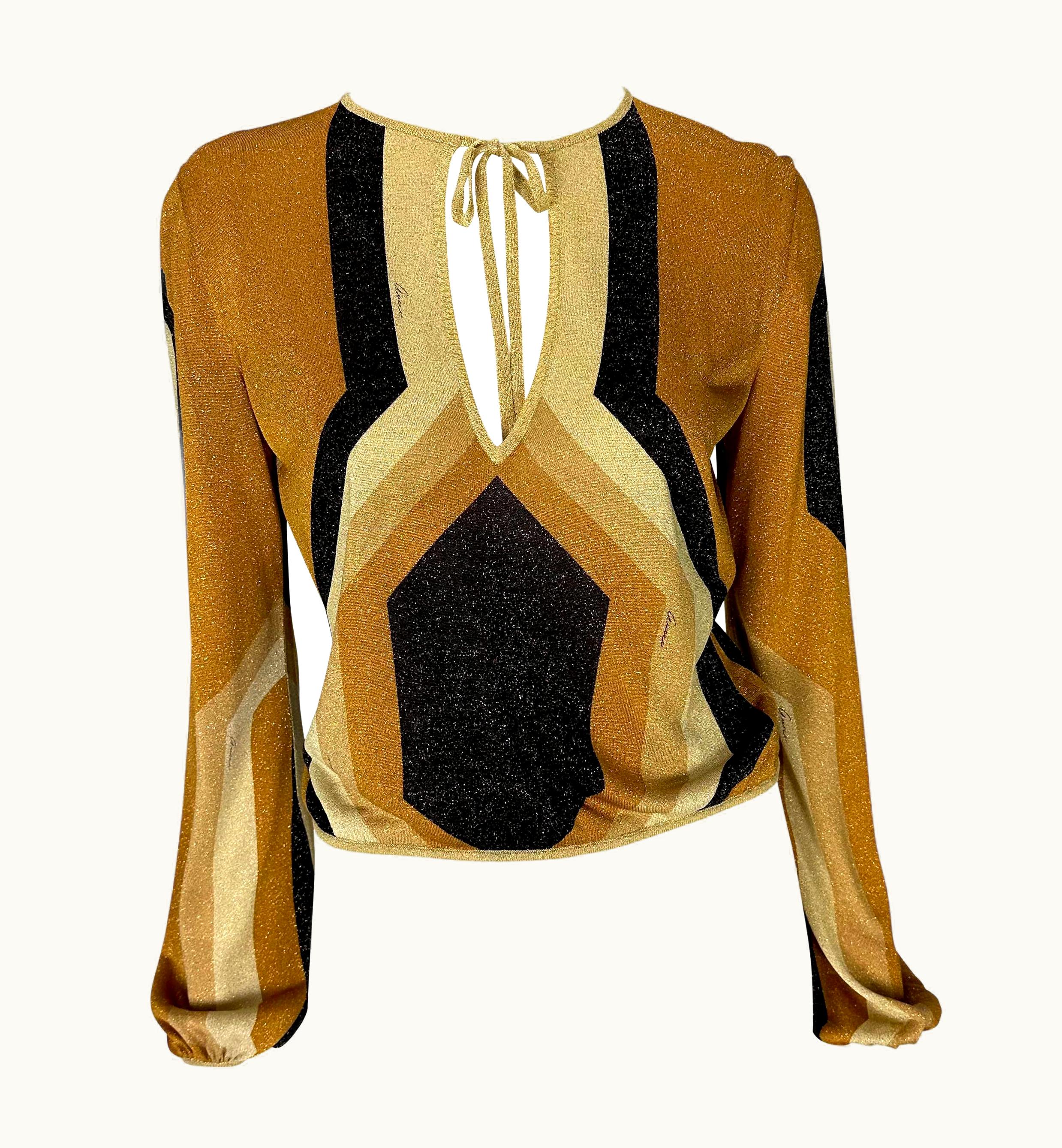 Gucci AW 2000 Gucci By Tom Ford Runway Gold Metallic Lurex Knit Long Sleeve Top Y2k