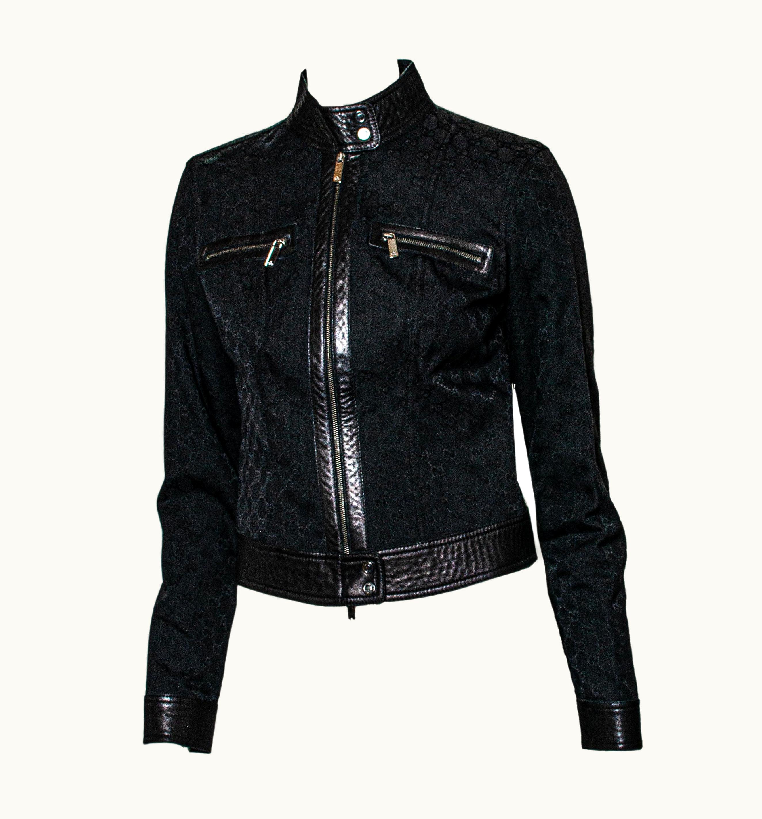 Gucci AW 2000 Gucci By Tom Ford Black Gg Monogram Denim & Leather Moto Jacket Vintage