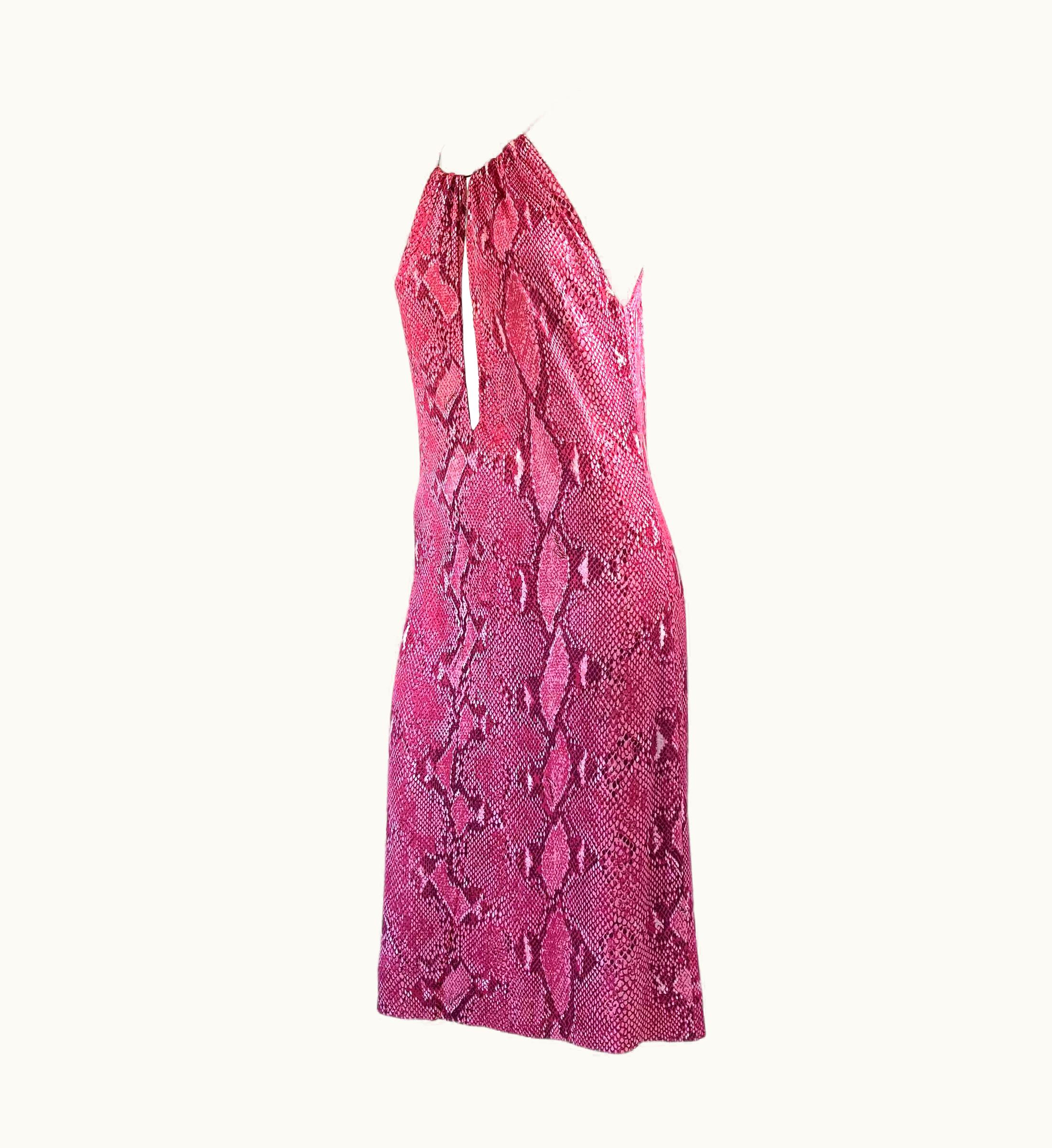 Gucci S/S 2000 Gucci By Tom Ford Pink Snake Print Viscose Leather Strap Plunging Dress