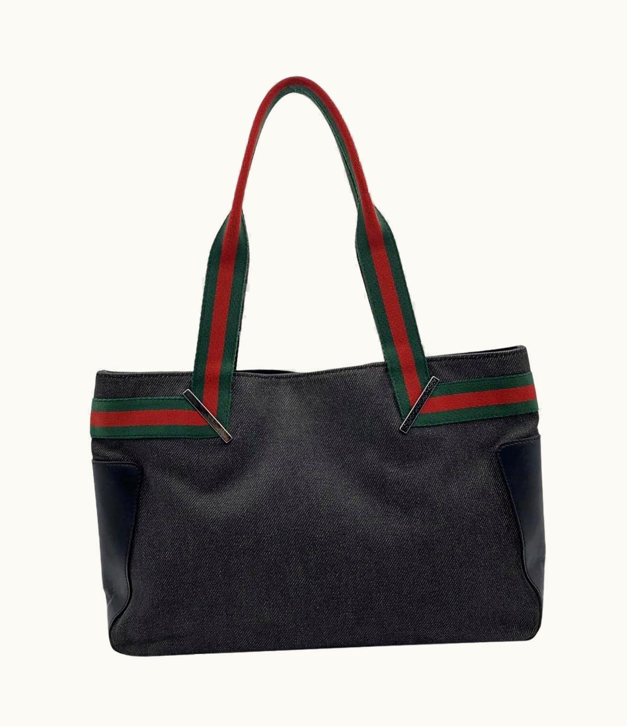 Gucci Black Denim Canvas Shopping Bag Tote Handbag With Stripes