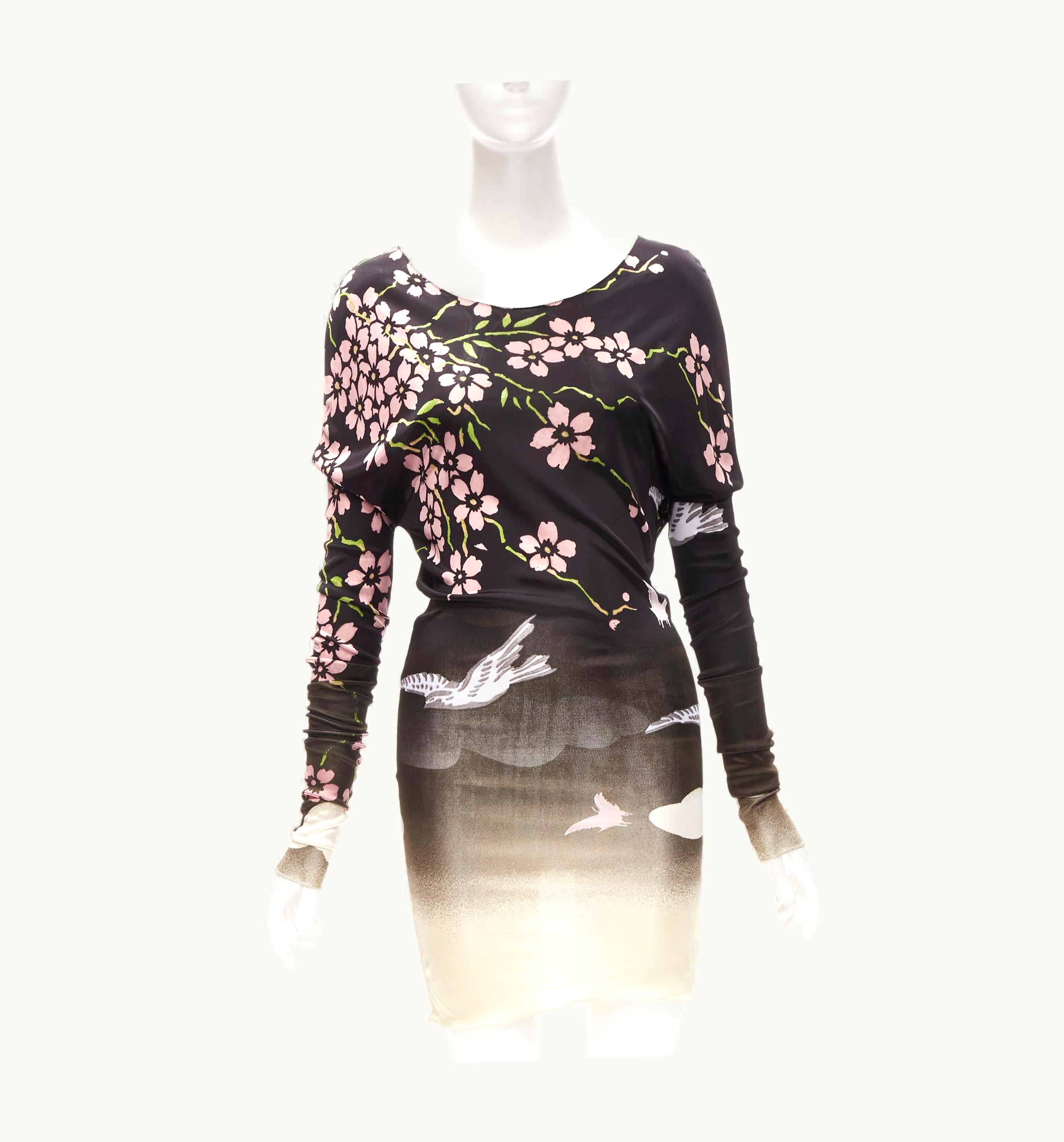 Gucci Tom Ford 2003 Black Japanese Cherry Blossom Bodycon Dress