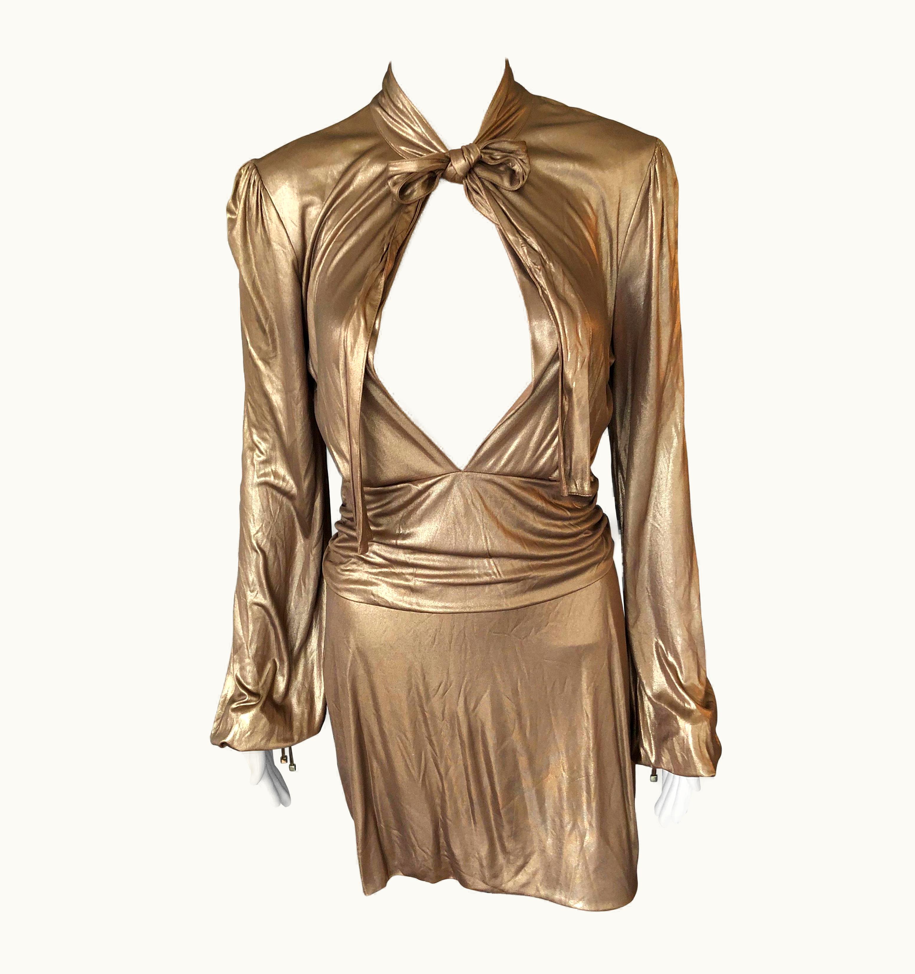 Gucci AW 2006 Runway Plunging Neckline Gold Metallic Mini Dress UZ0574179
