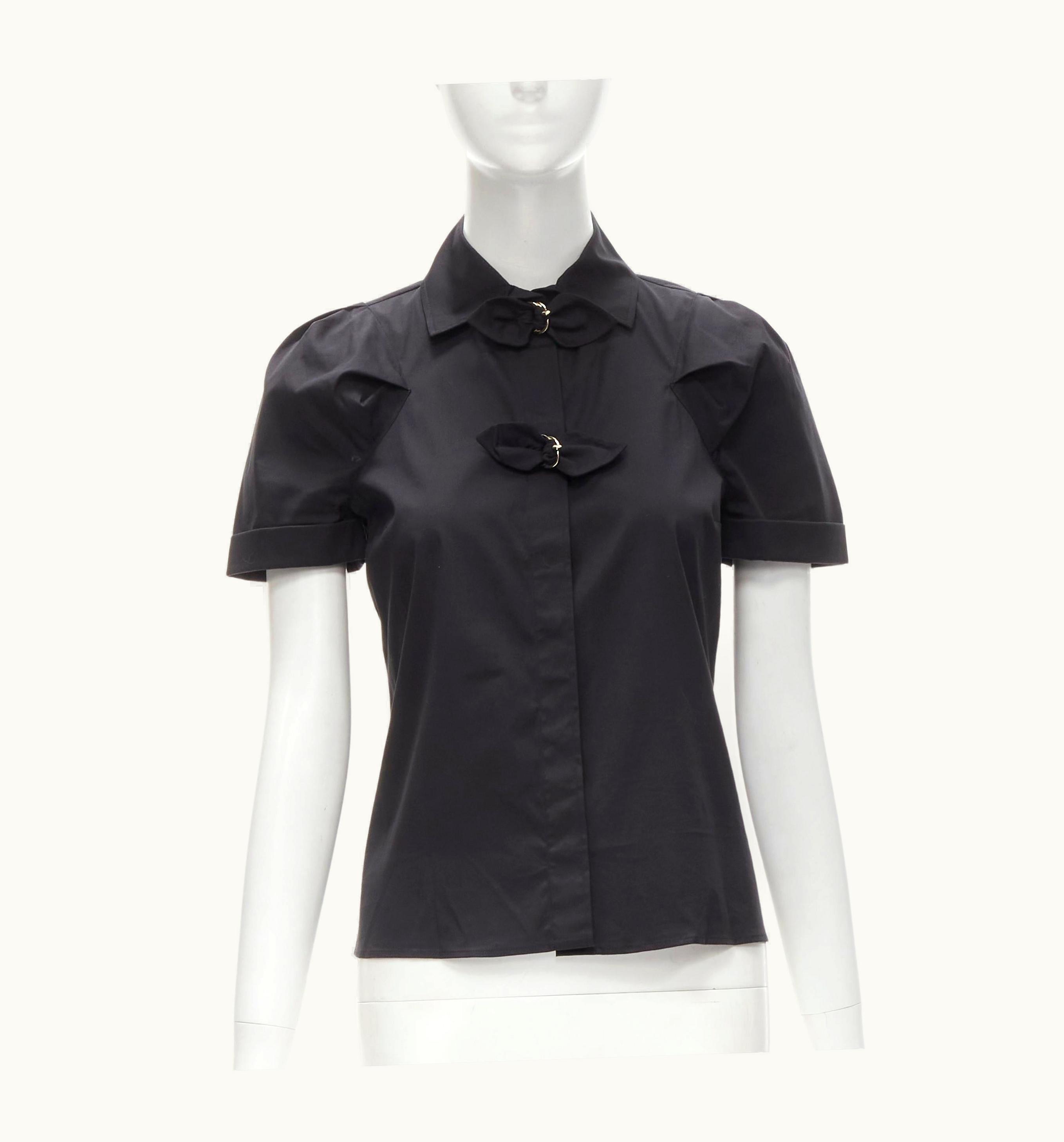 Gucci Vintage Black Ribbon Loop Buckle Puff Sleeve Shirt