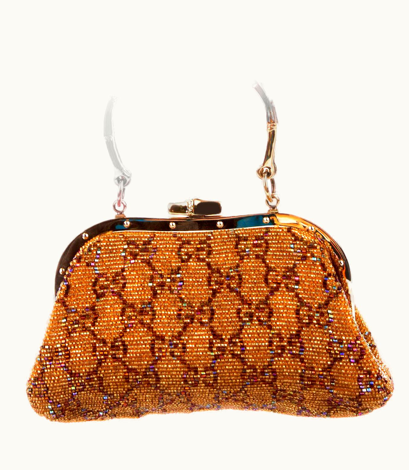 Gucci Gold Metallic Gg Monogram Beaded Bag Purse With Bamboo Handles