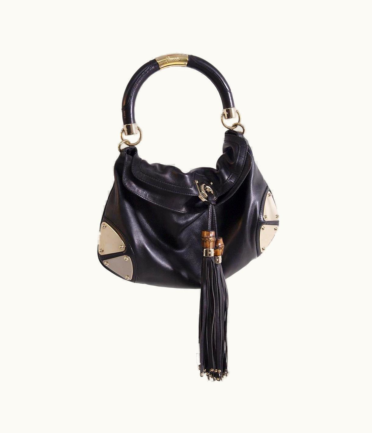 Gucci Indy Babouska Leather Bag In Gold Metal Black W Fringes