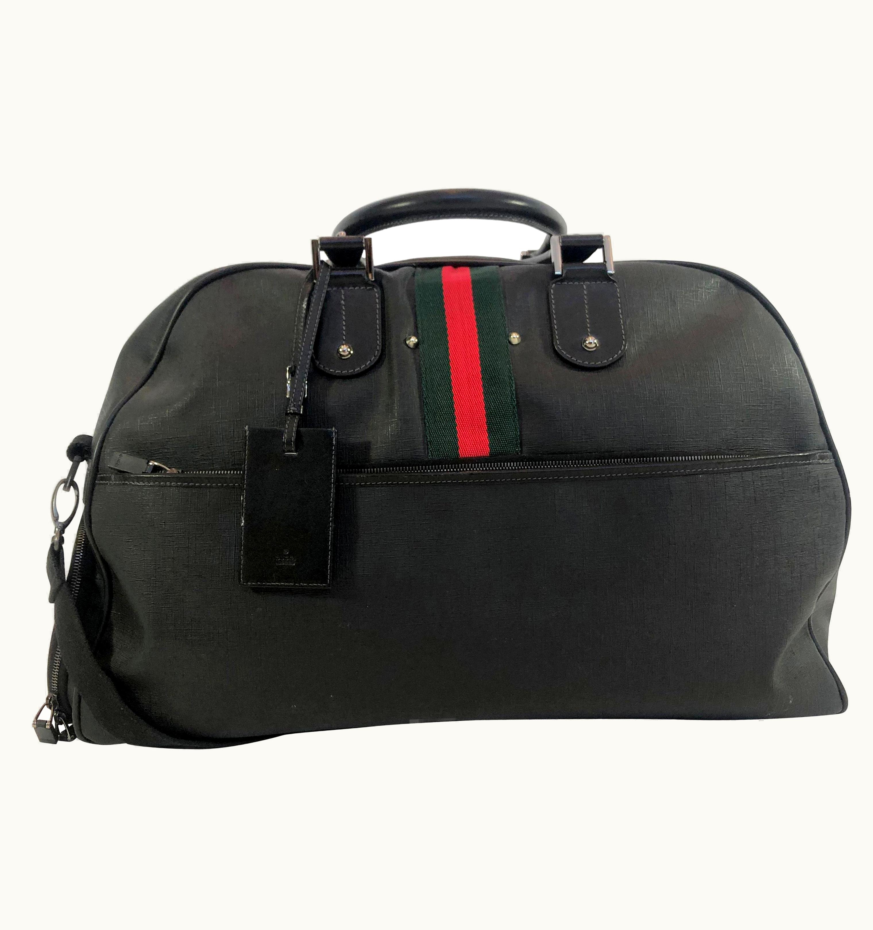 Gucci Black Leather Weekender Suitcase With Classic Green And Red Stripe