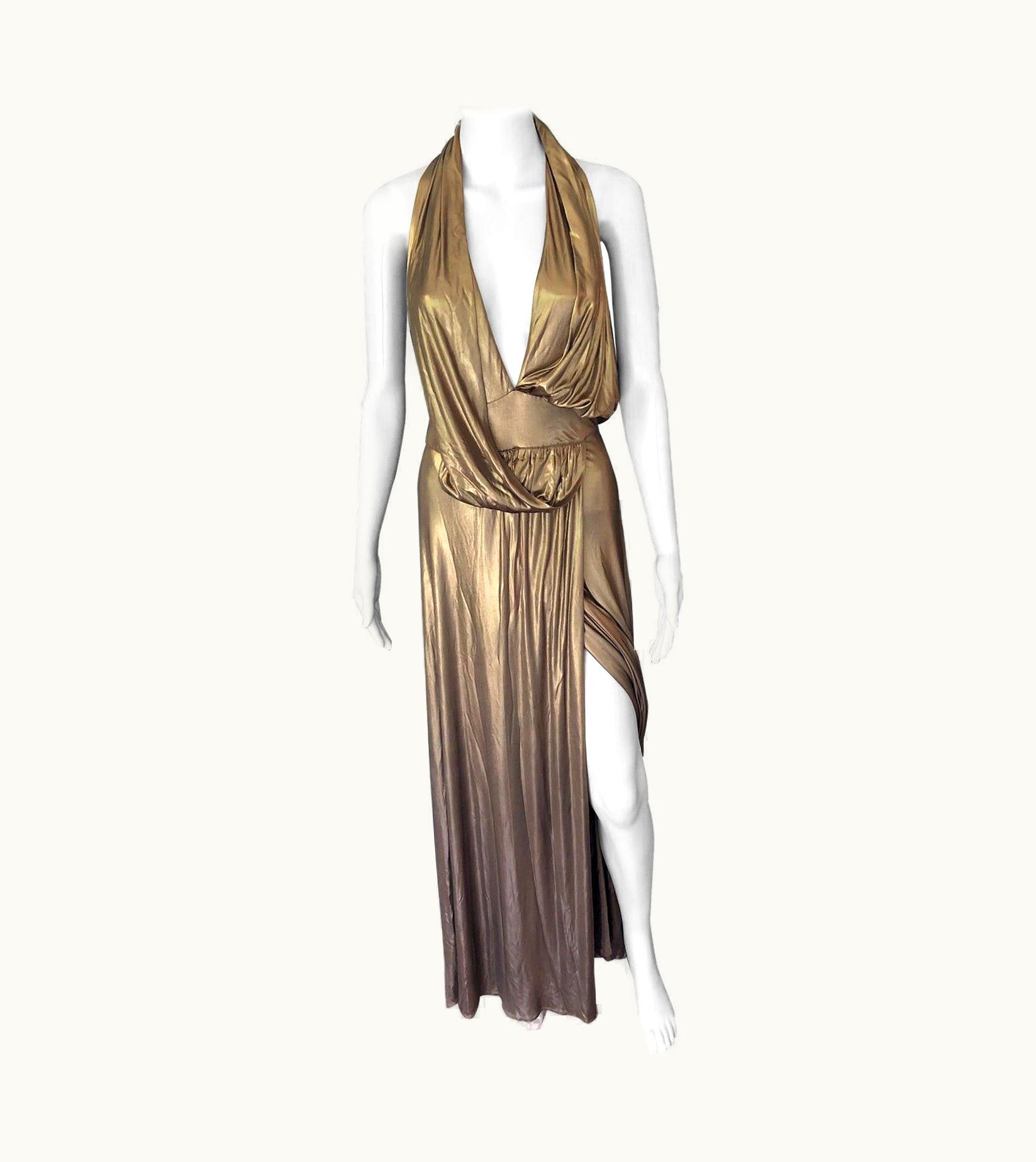 Gucci Runway AW 2006 Plunging Neckline Backless Gold Metallic Dress Gown