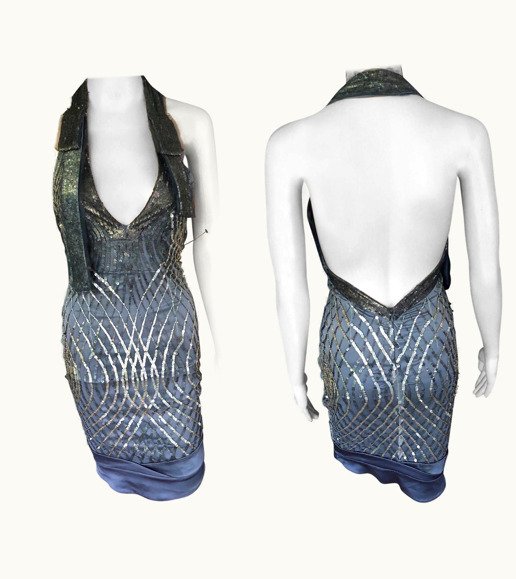 Gucci AW 2005 Plunged Backless Silk Sequin Embellished Halter Dress