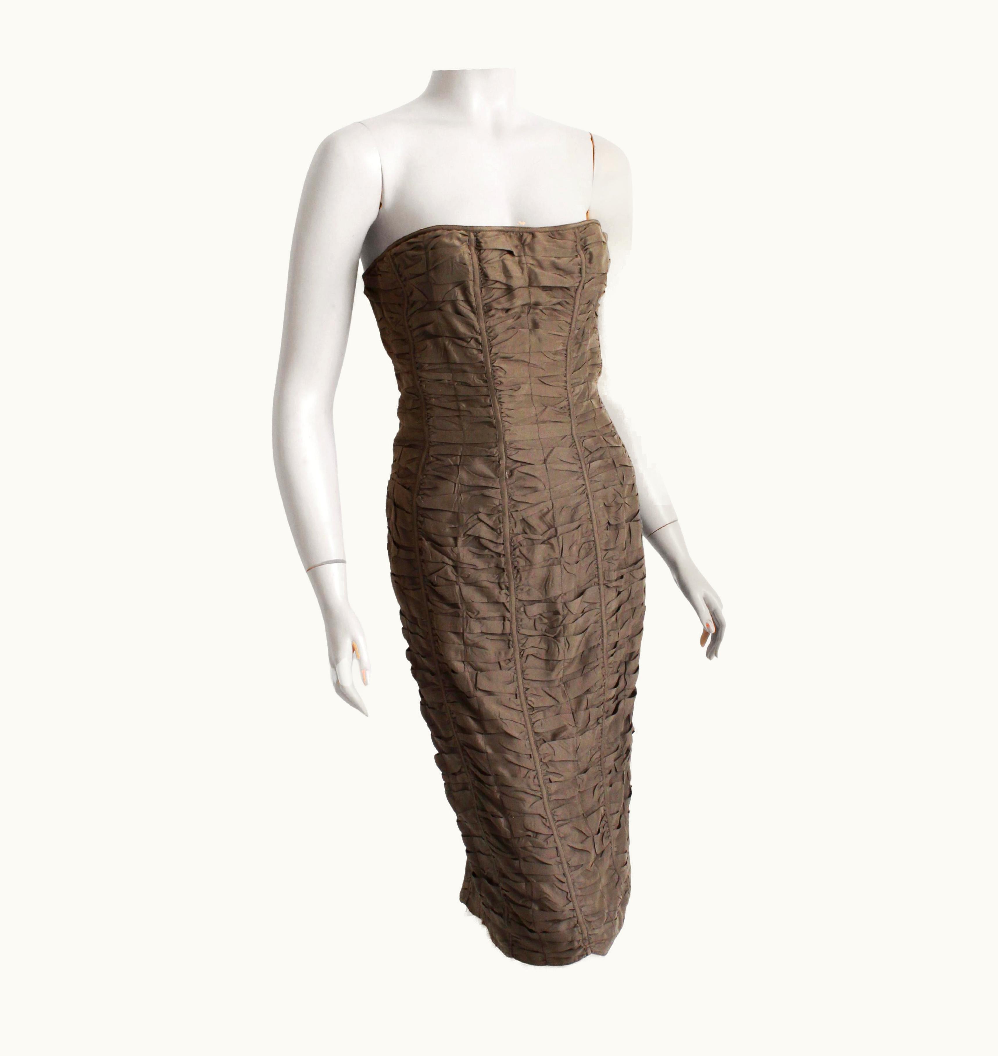 Gucci Dress Corset Bustier Bodice Bodycon Ruched Brown Silk Spring 2001