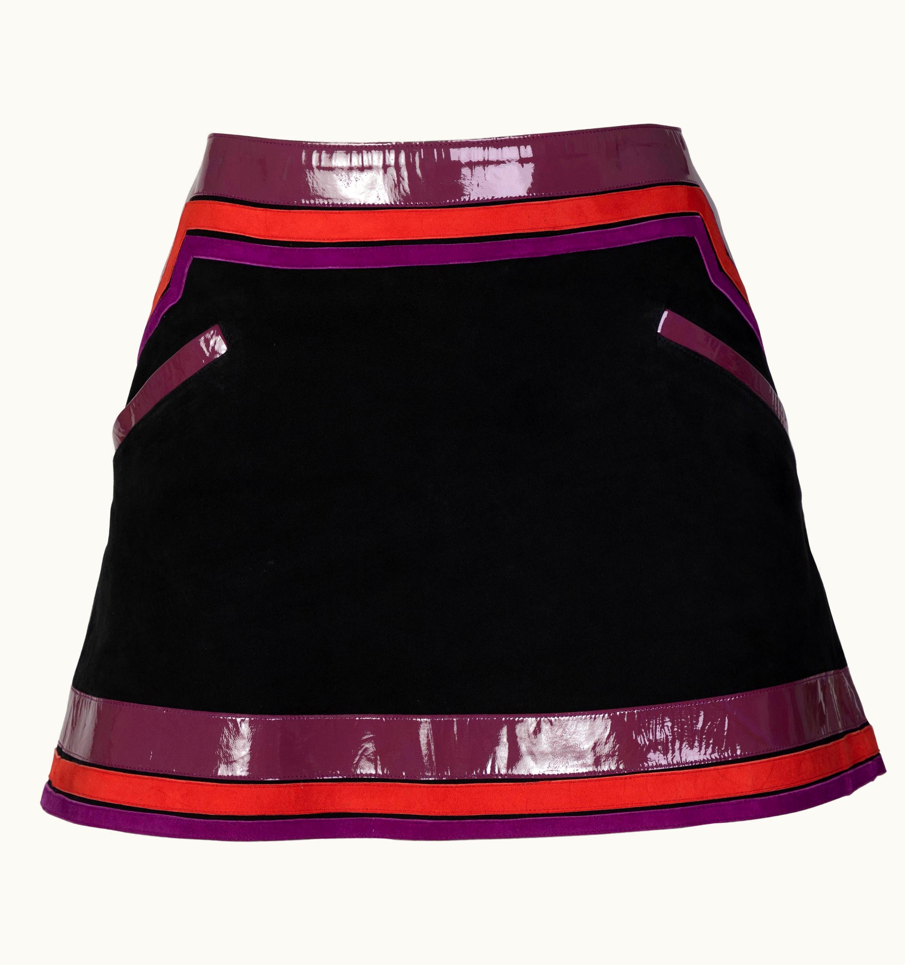 Gucci Black Suede Purple Pink Patent Leather Mod Mini Skirt Runway 2007