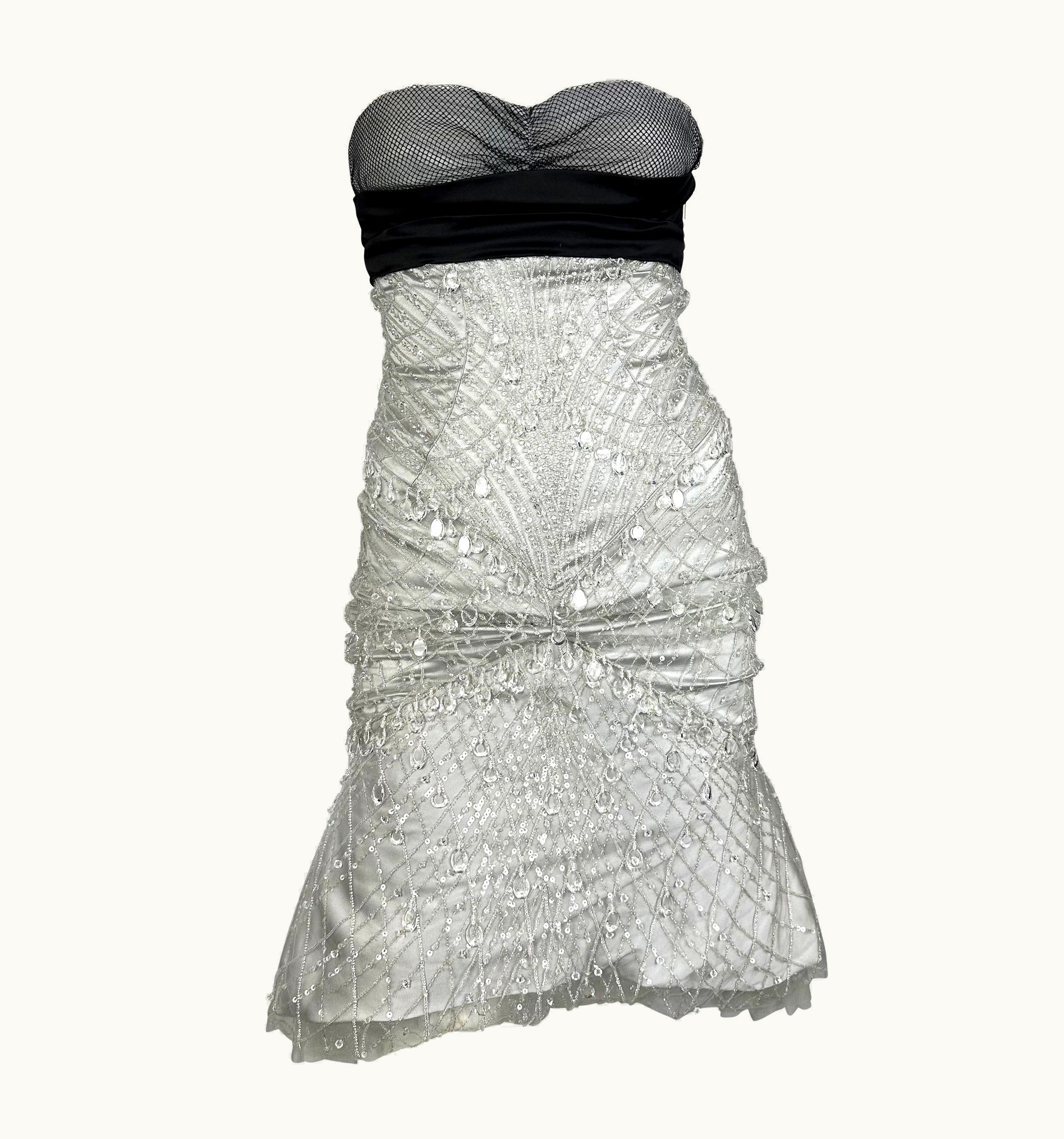 Gucci Nwt AW 2005 Gucci Runway Silver Crystal Beaded Bustier Flare Mini Dress