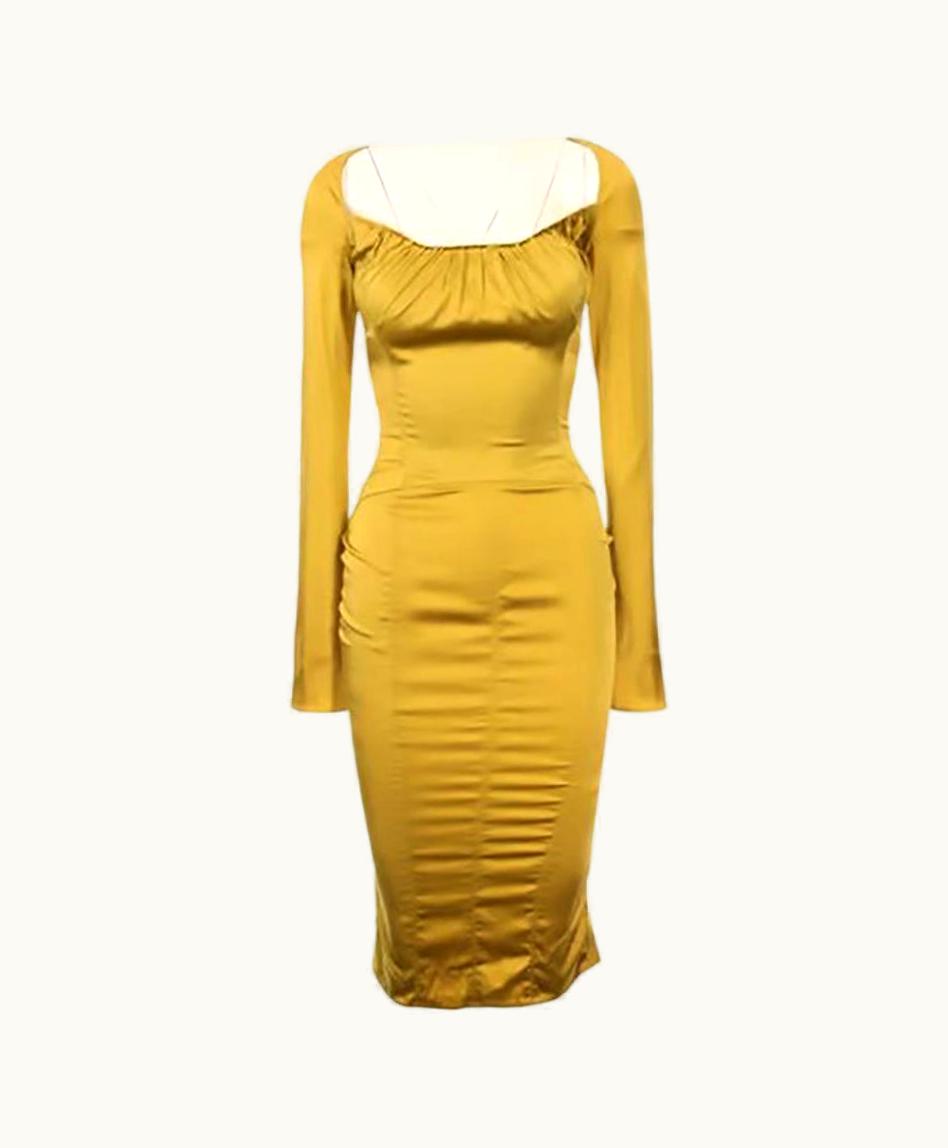 Gucci AW 2003 Rare & Iconic Tom Ford Gucci Mustard Silk Corset Dress