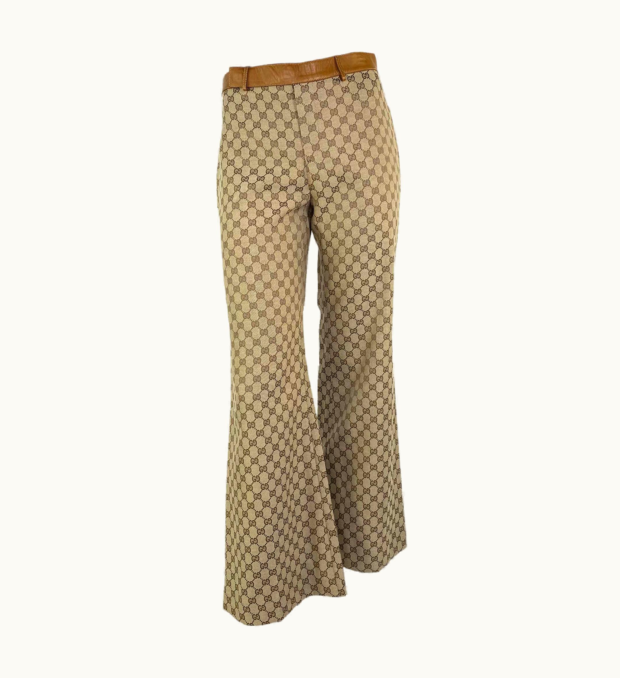 Gucci AW 2000 Gucci By Tom Ford Gg Monogram Leather Trimmed Wide Leg Pants Y2k