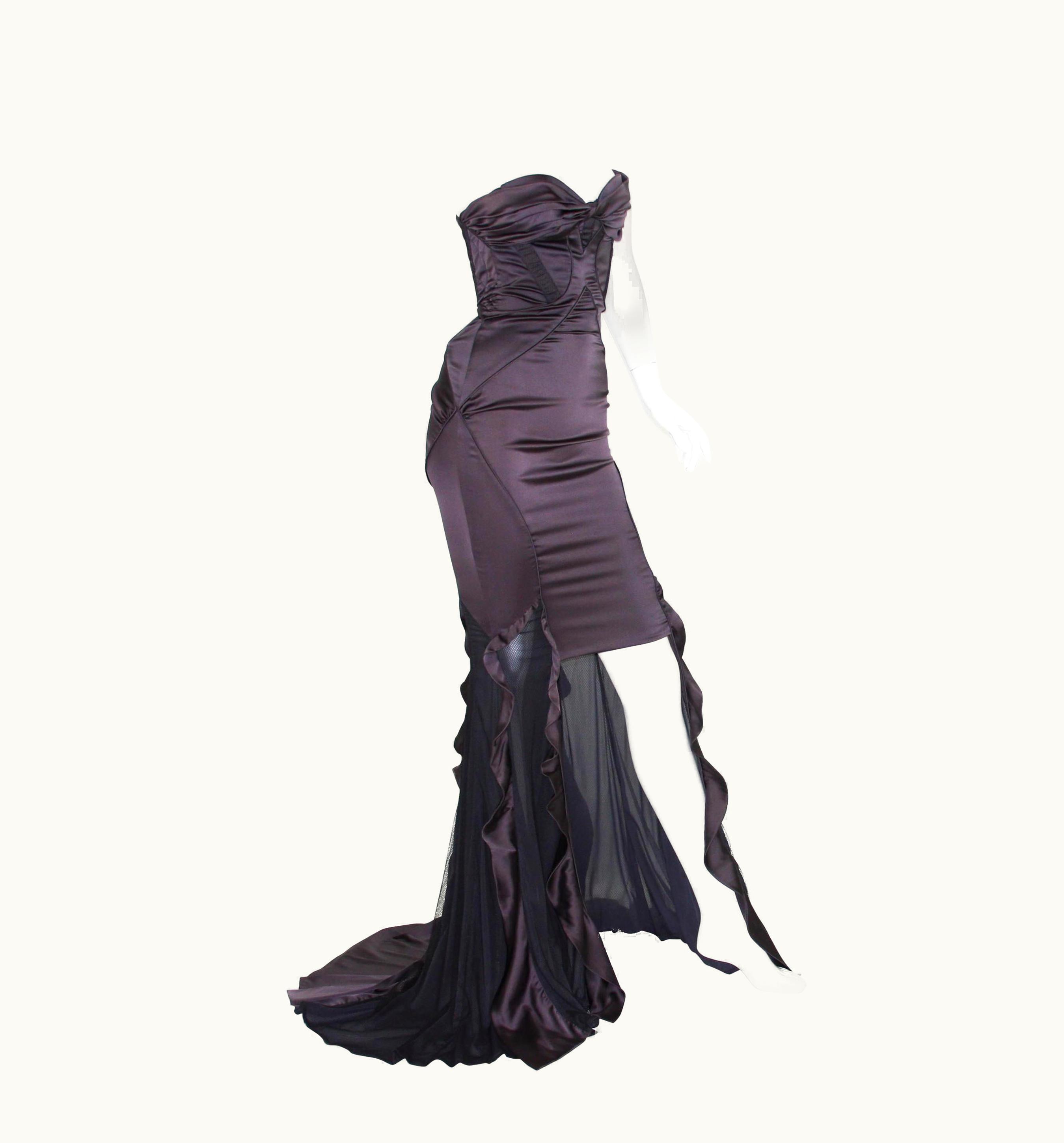 Gucci AW 2005 Silk High-Low Cut-Out Gunmetal Brown Black Net Dress Gown