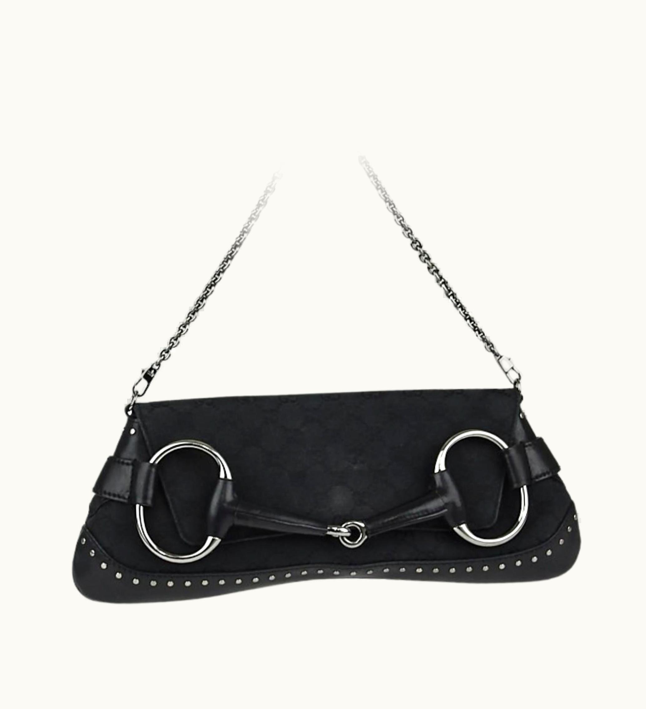 Gucci Black Gg Canvas Horsebit Chain Large Clutch Bag