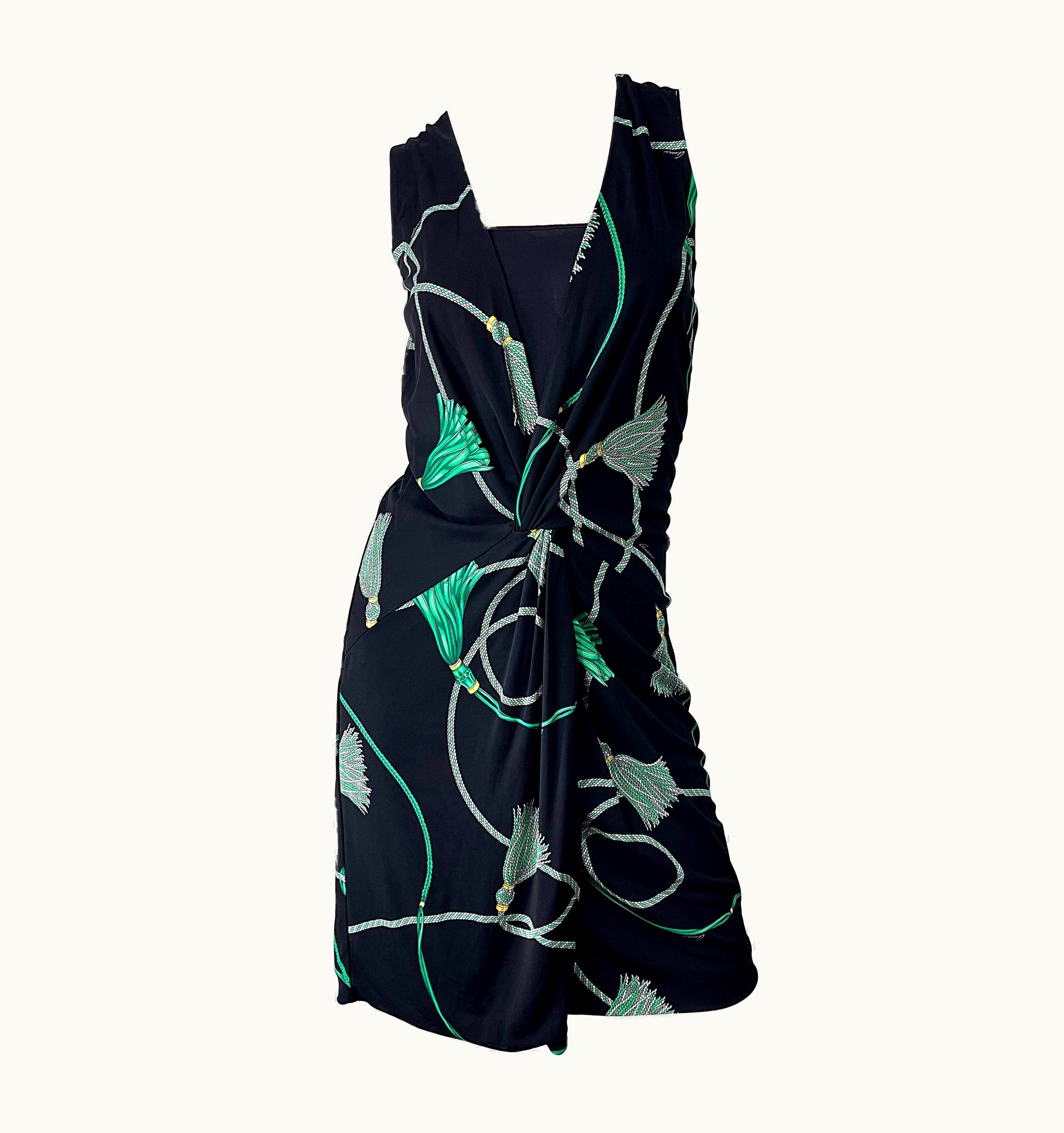 Gucci 2007 Black And Green Logo Tassel Print Rayon Jersey Faux Wrap Dress