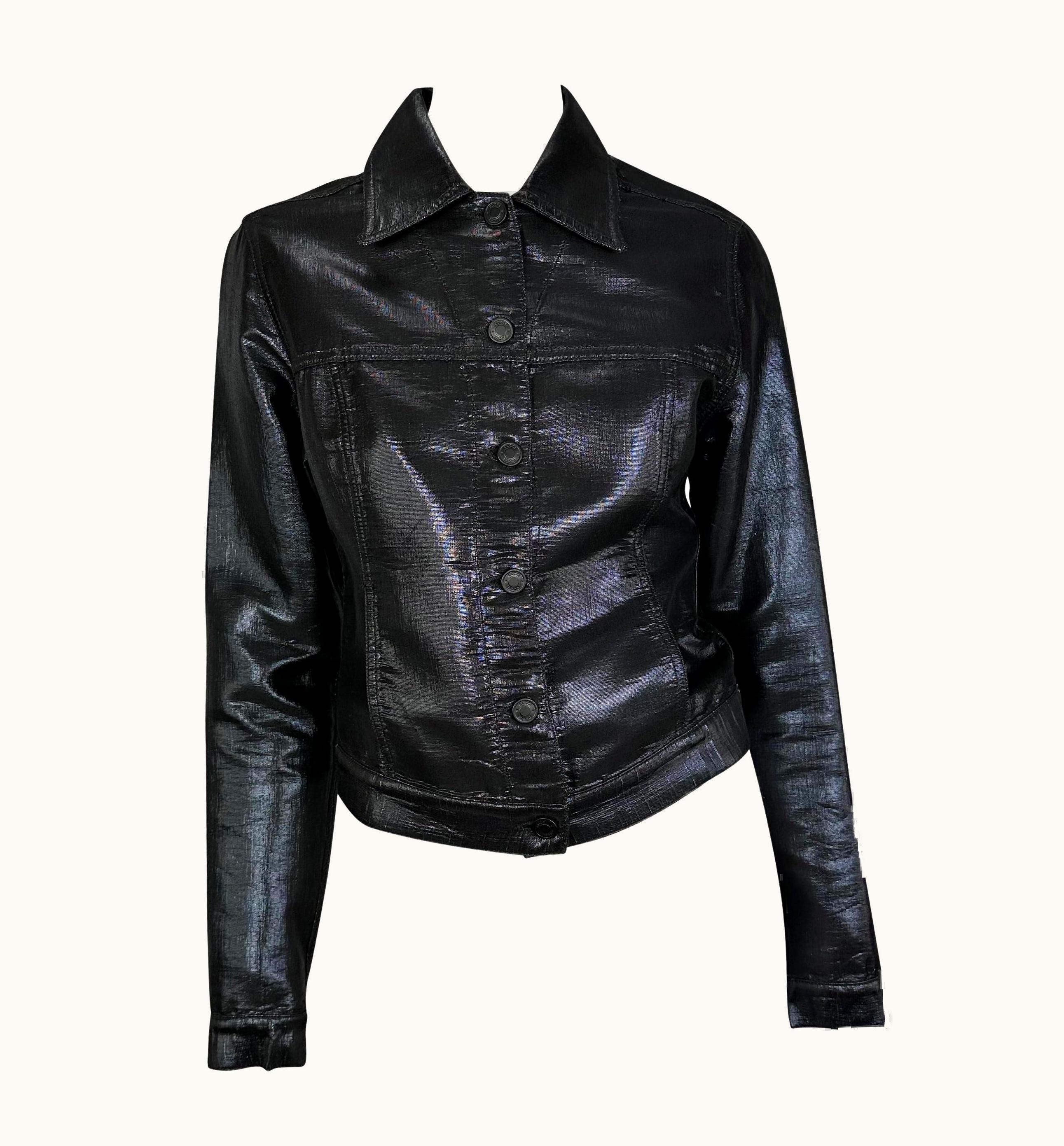 Gucci 2001 Gucci By Tom Ford Navy Lurex Metallic Denim Trucker Logo Button Jacket
