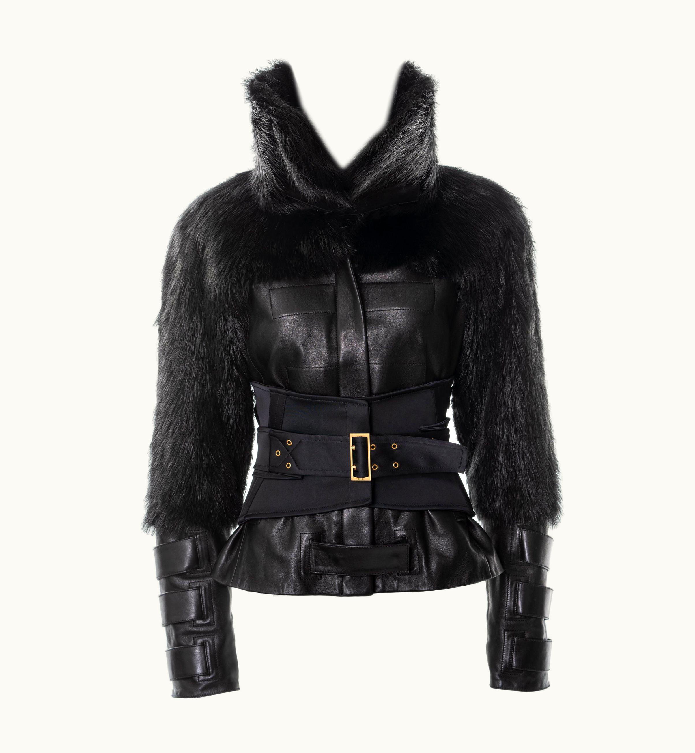 Gucci By Tom Ford Black Leather And Fur Jacket With Corset, AW 2003