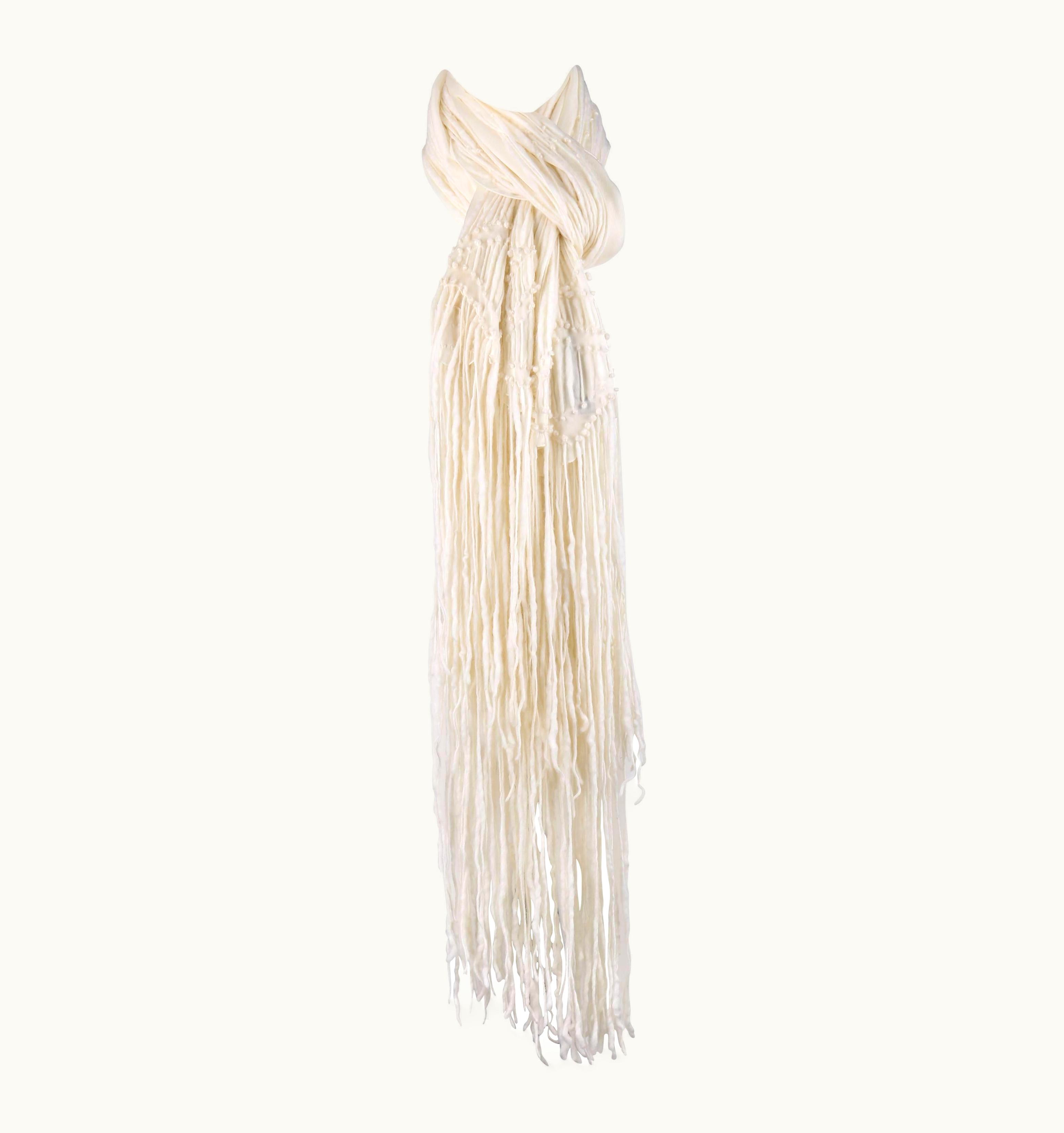 Gucci Off White Raw Spun Wool Fringe Silk Chiffon Oblong -Long Scarf Wrap