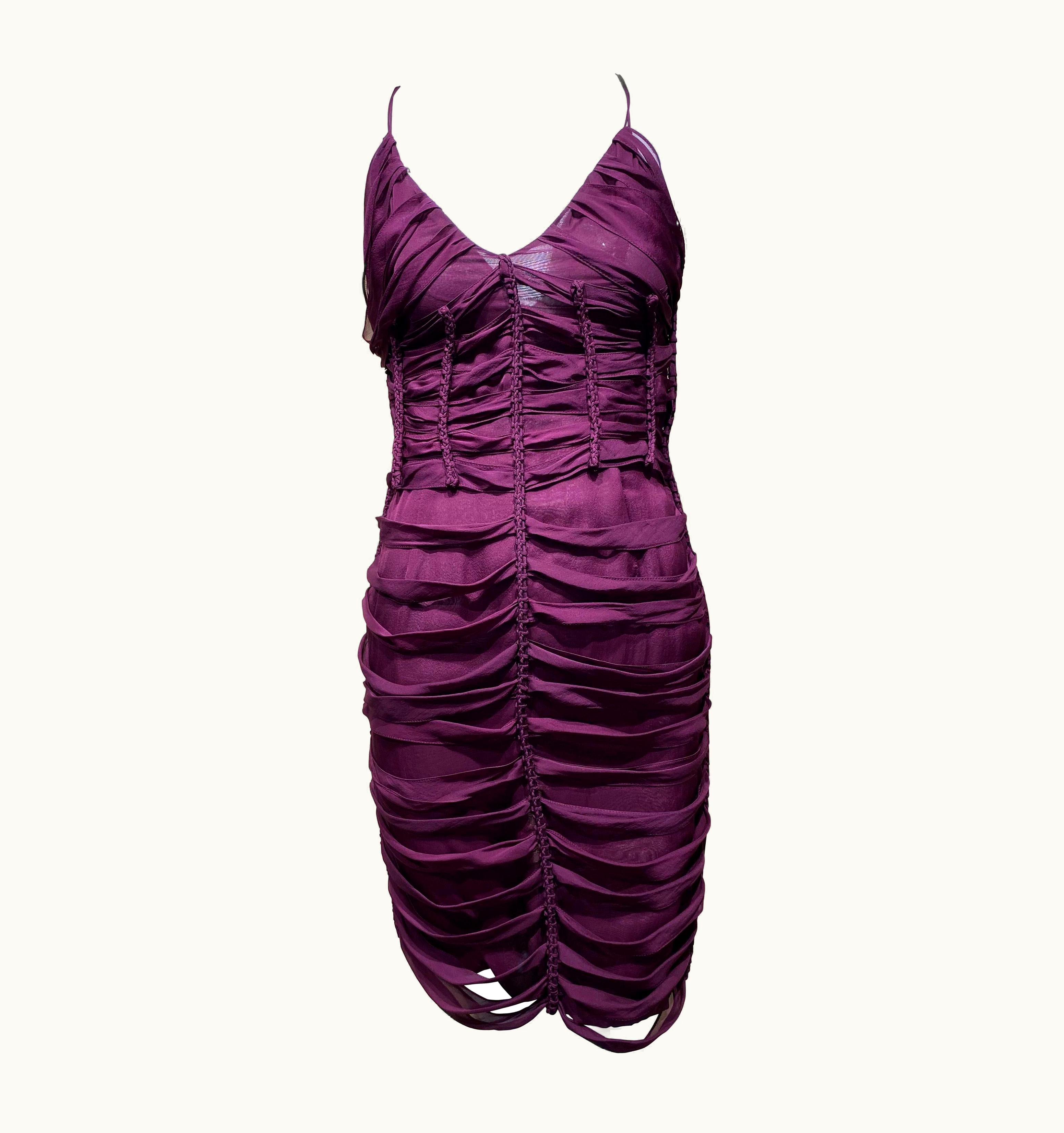 Gucci By Tom Ford Burgundy Silk Spaghetti Strap Cocktail Dress