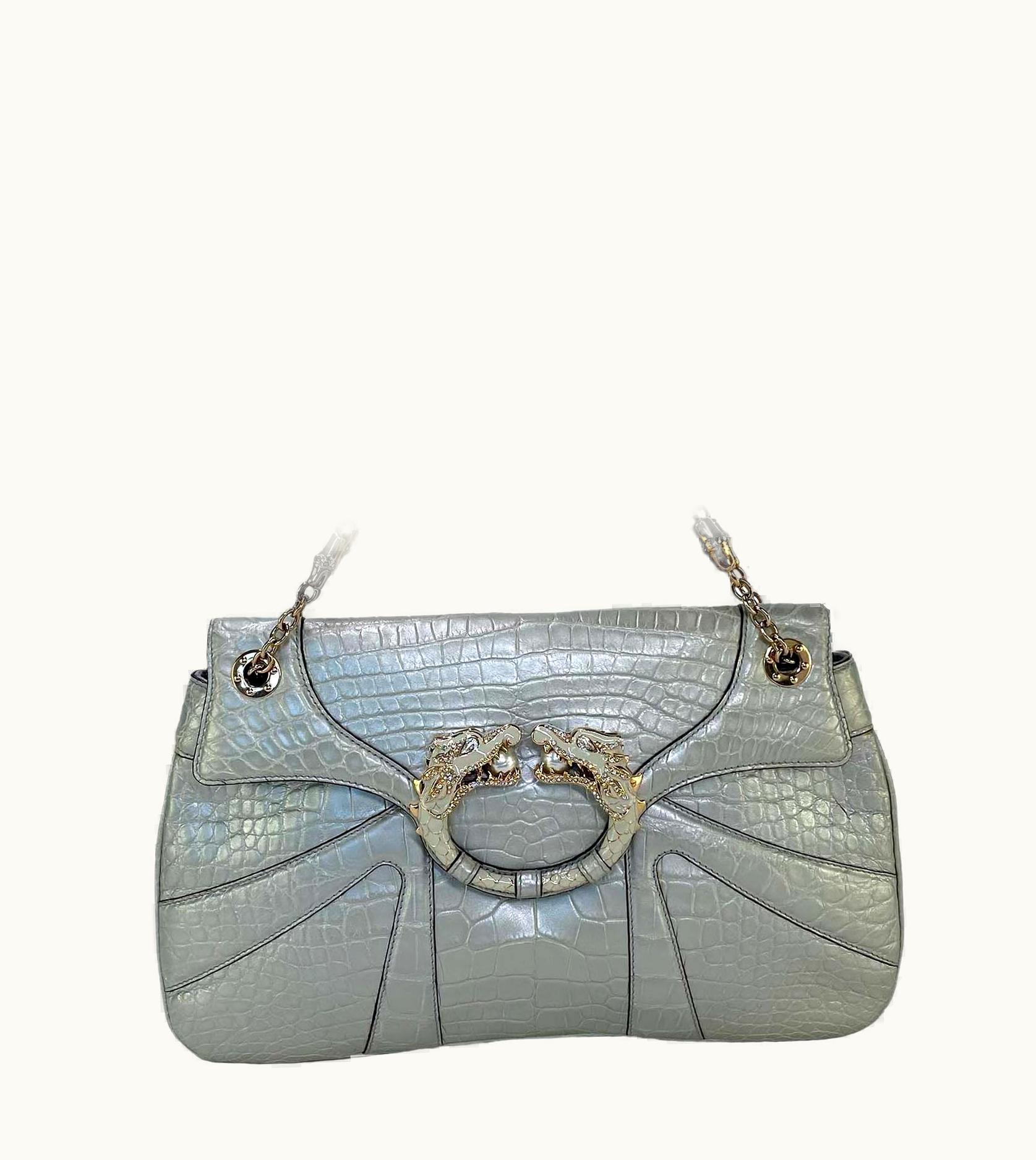 Gucci AW 2004 Gucci By Tom Ford Finale Silver Metallic Crocodile Enamel Dragon Bag