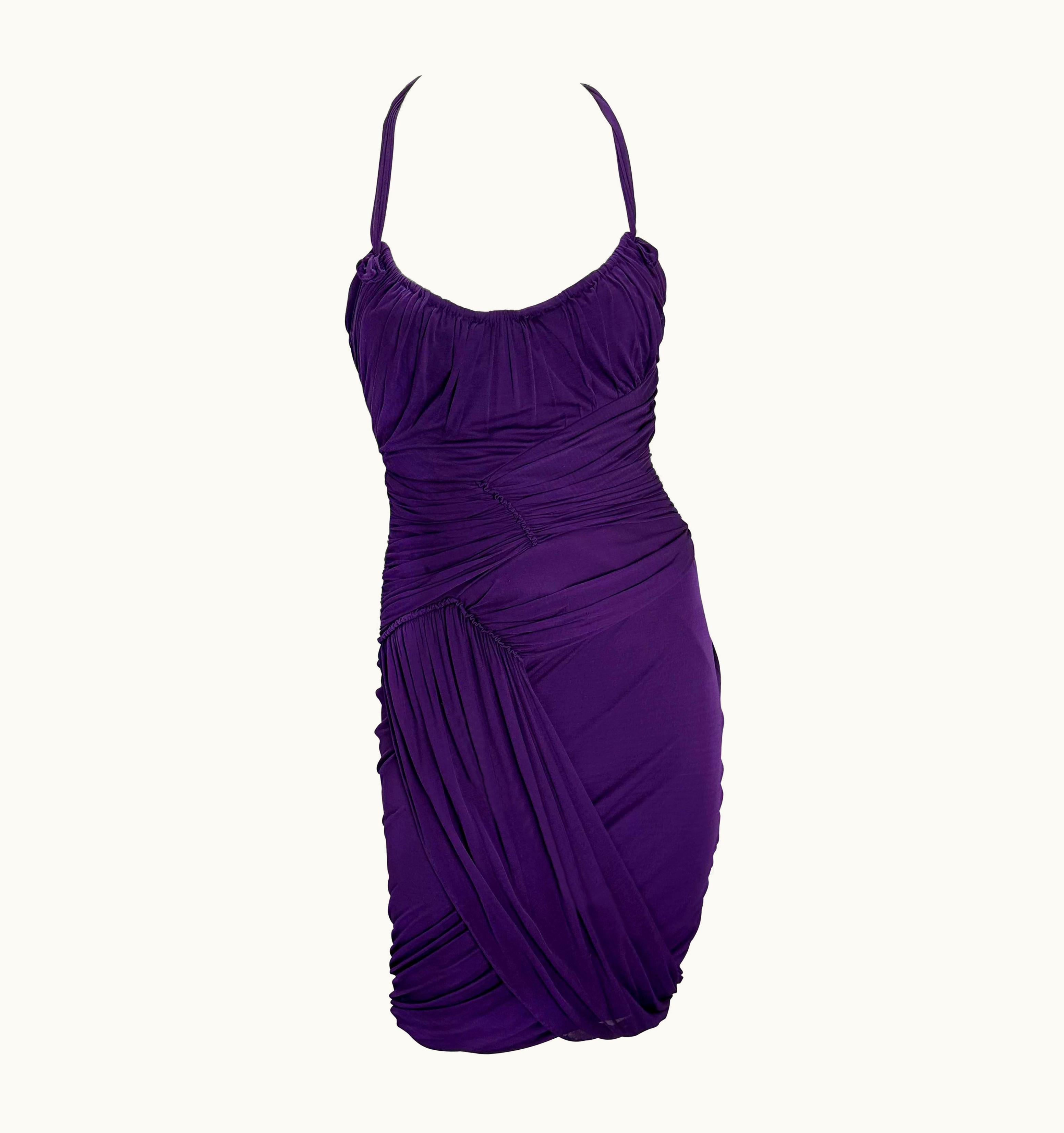 Gucci 2002 Gucci By Tom Ford Ruched Purple Bandage Faux Wrap Silk Bodycon Mini Dress