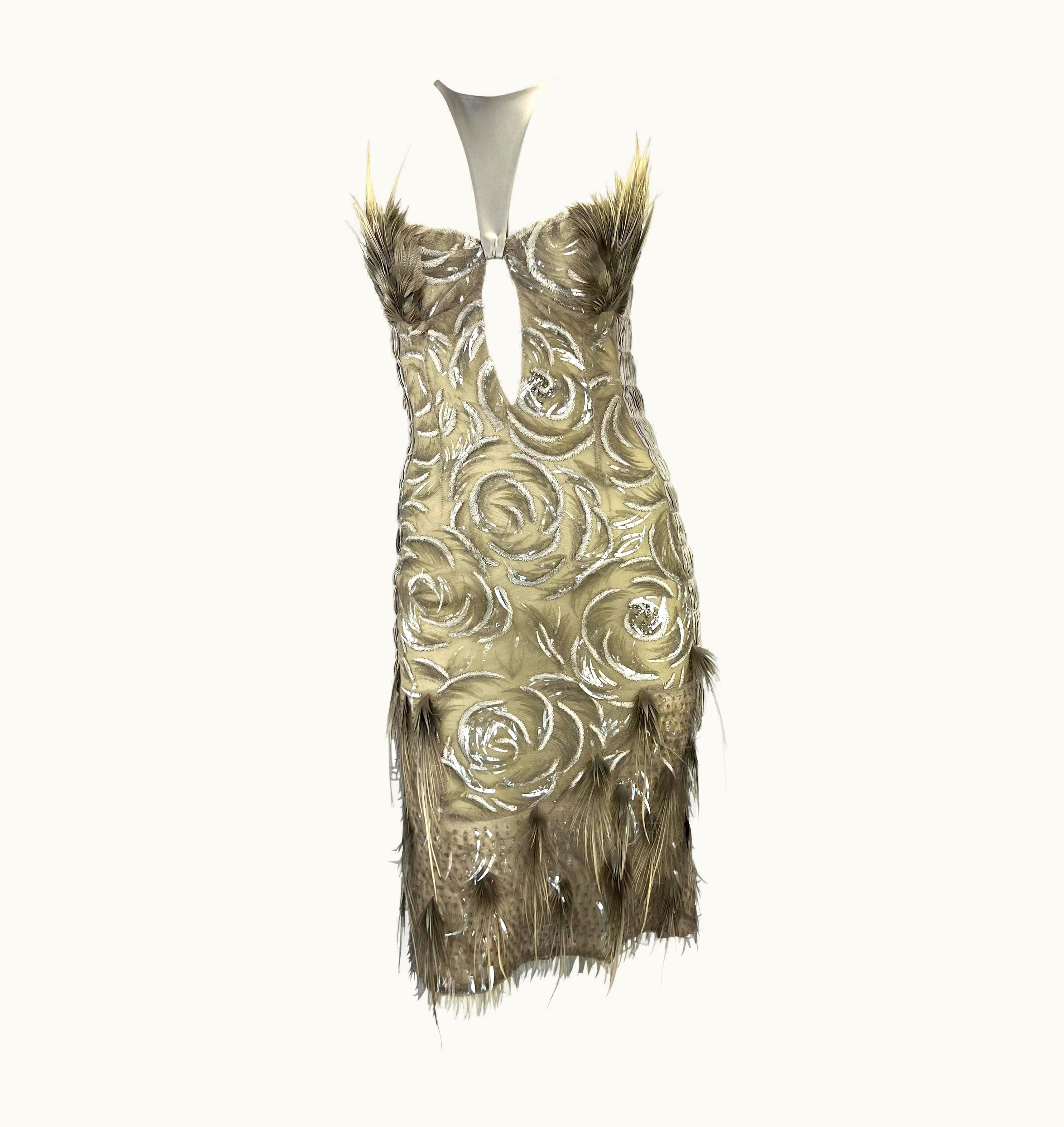 Gucci S/S 2004 Gucci By Tom Ford Feather Rhinestone Silver Silk Backless Dress