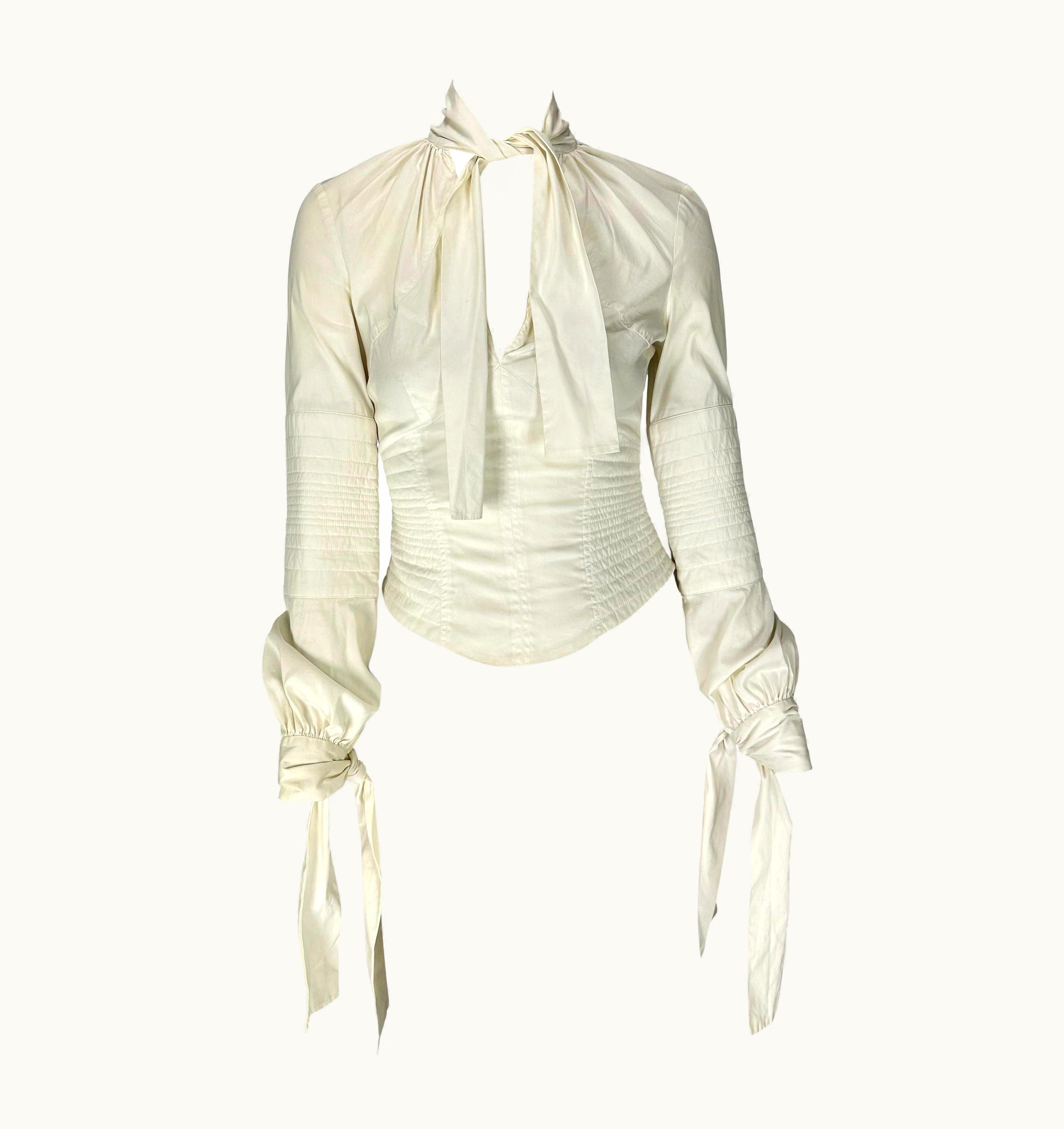 Gucci AW 2003 Gucci By Tom Ford Ruched White Stretch Cotton Quilted Tie Blouse