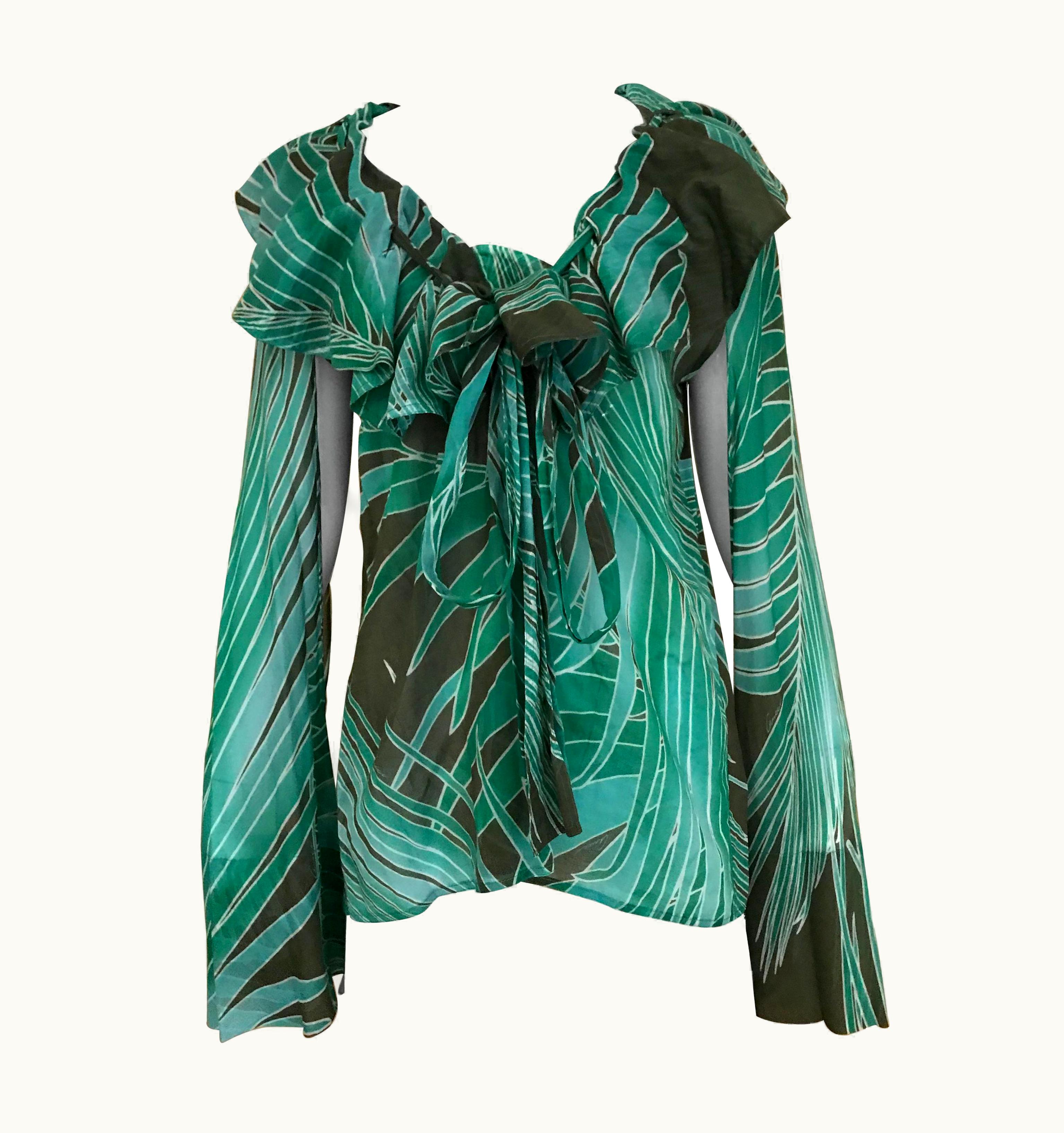 Gucci Green Cotton Leaf Print Long Sleeve Blouse