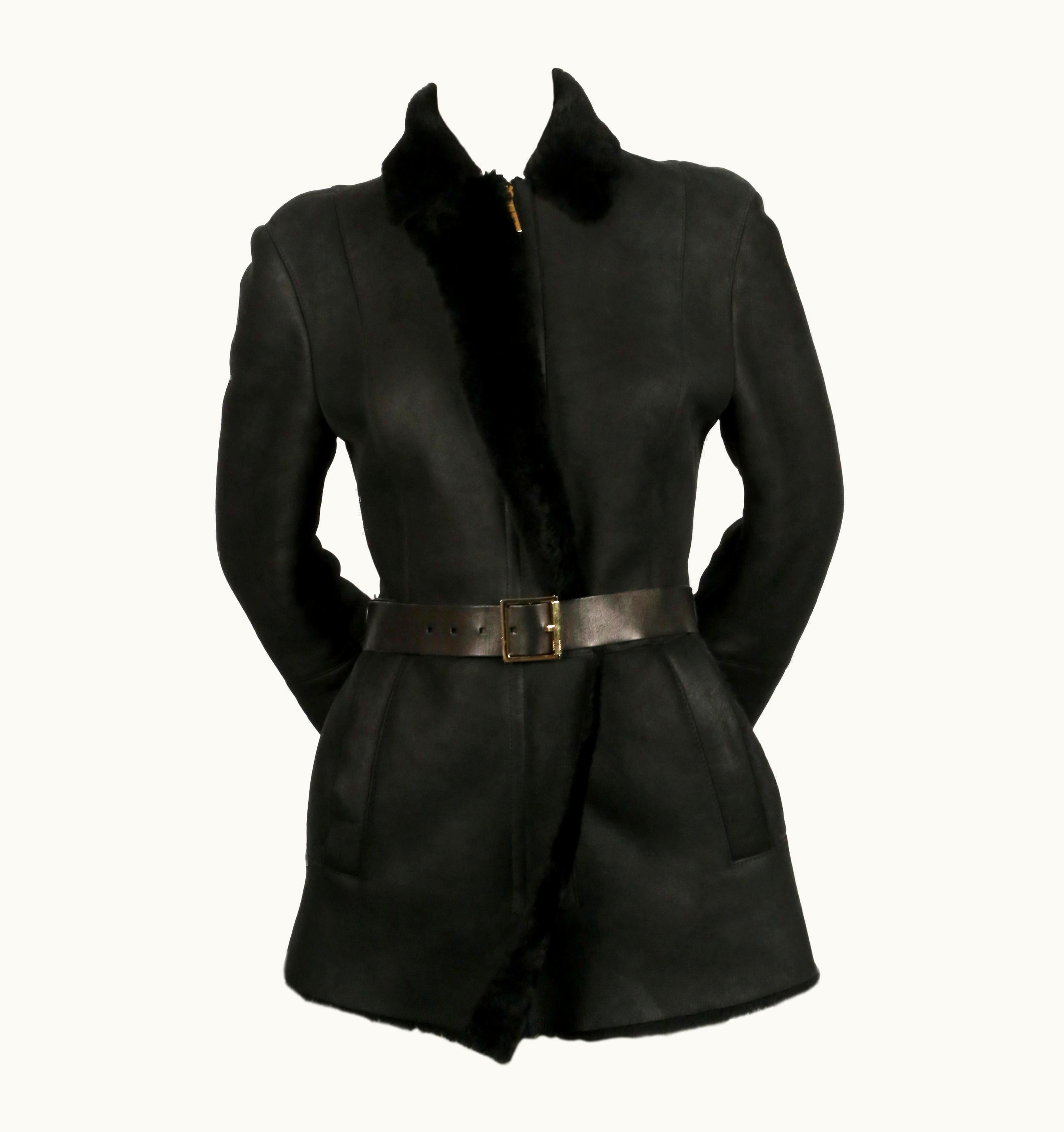 Gucci Tom Ford For Gucci Fitted Black Shearling Coat With Leather Belt