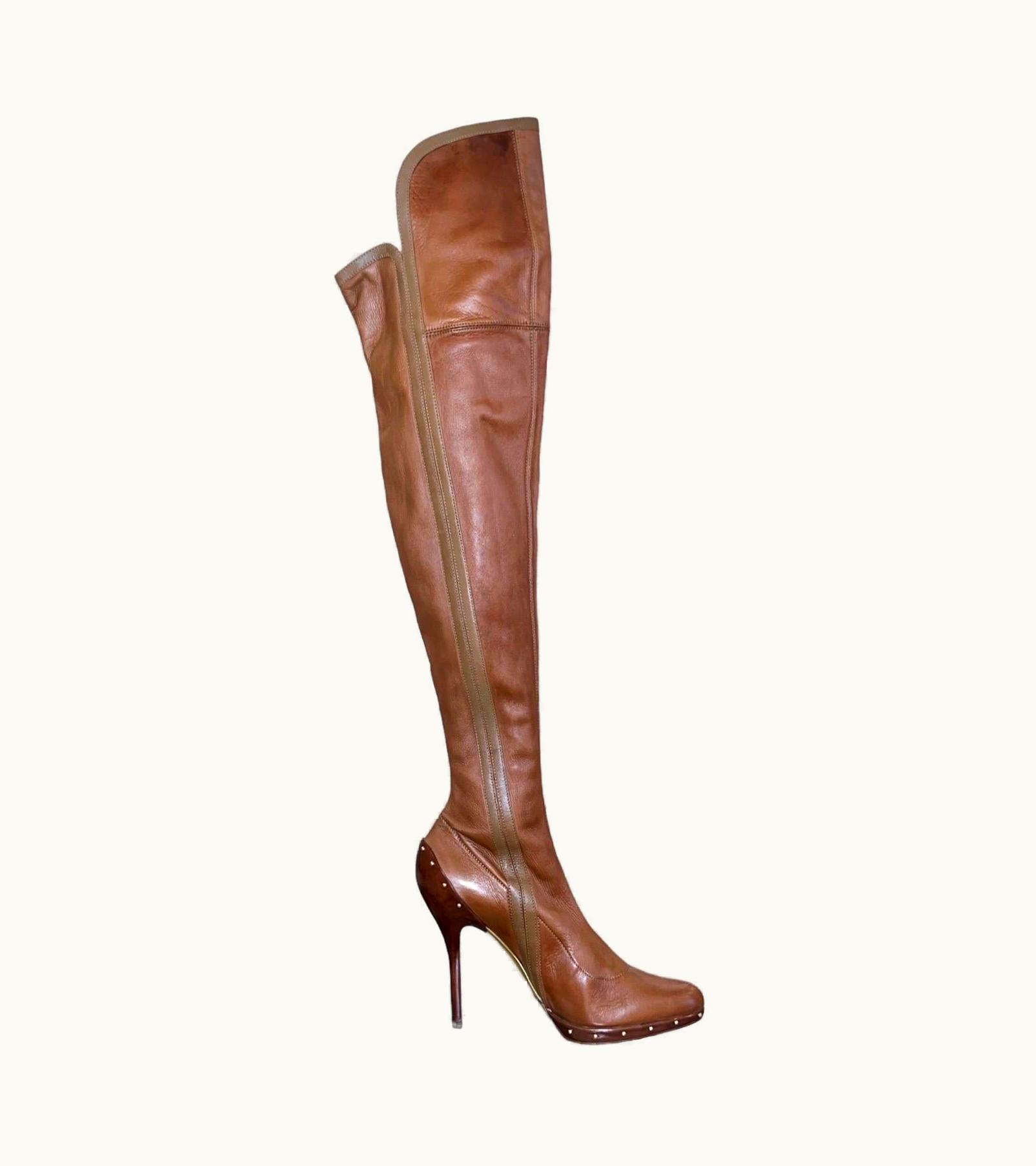 Gucci Iconic Gucci By Tom Ford Cognac Brown Studded Otk Bondage Boots AW2003 7.5