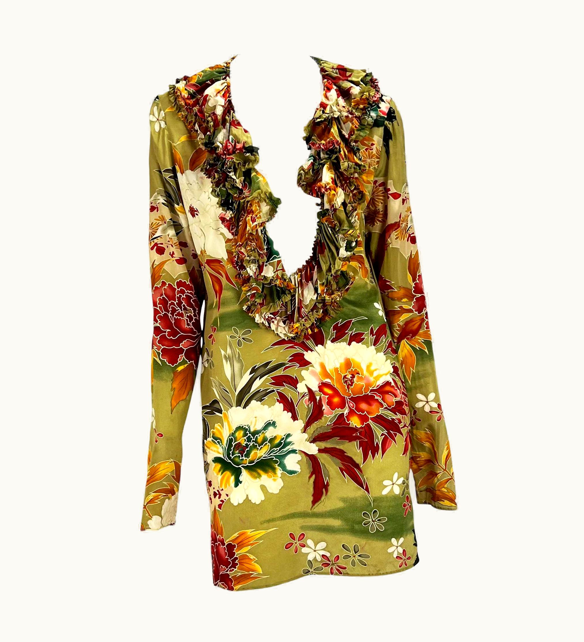 Gucci S/S 2003 Gucci By Tom Ford Olive Green Floral Silk Ruffle Plunge Dress