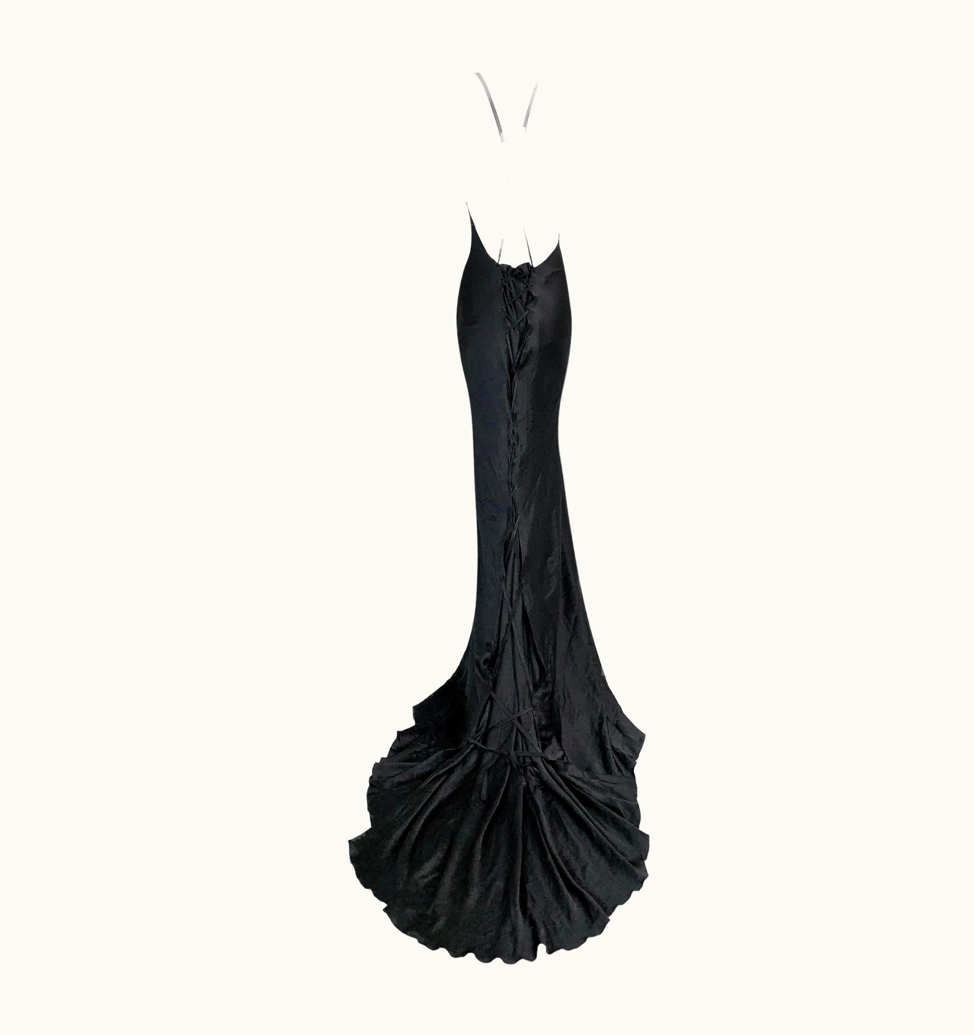 Gucci Nwt AW 2002 Gucci Tom Ford Black Silk Corset Ties Plunging Gown Dress