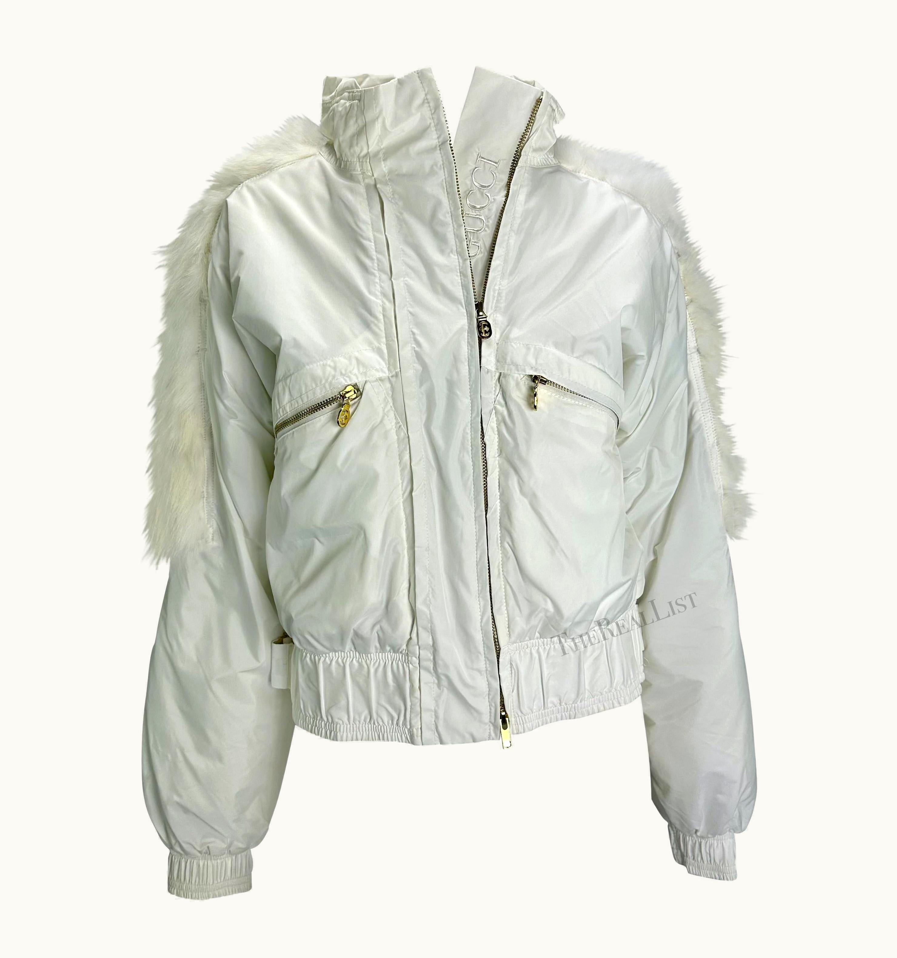 Gucci AW 2004 Gucci By Tom Ford White Logo Down Fur Trim Hooded Puffer Jacket