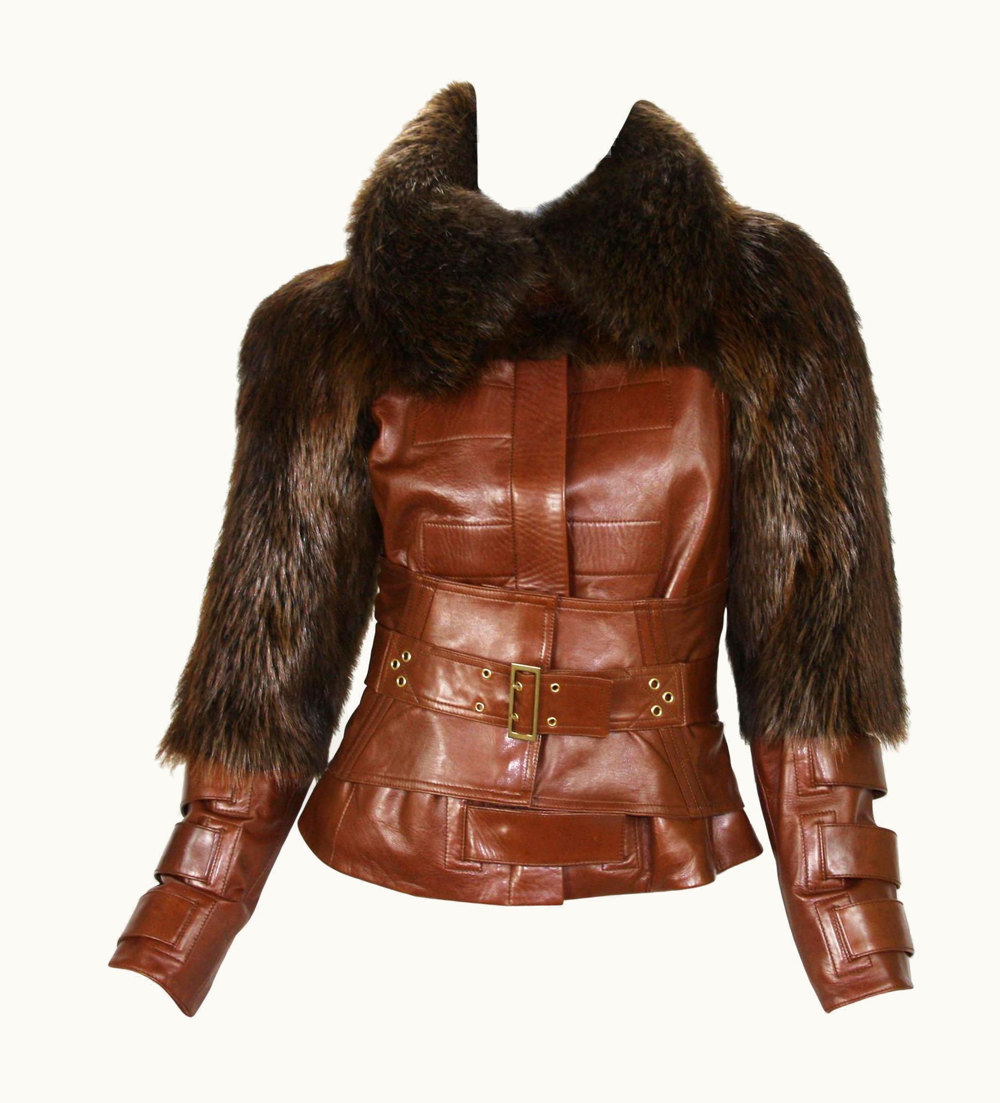 Gucci Tom Ford For Gucci AW 2003 Cognac Color Leather Fur Corset Jacket