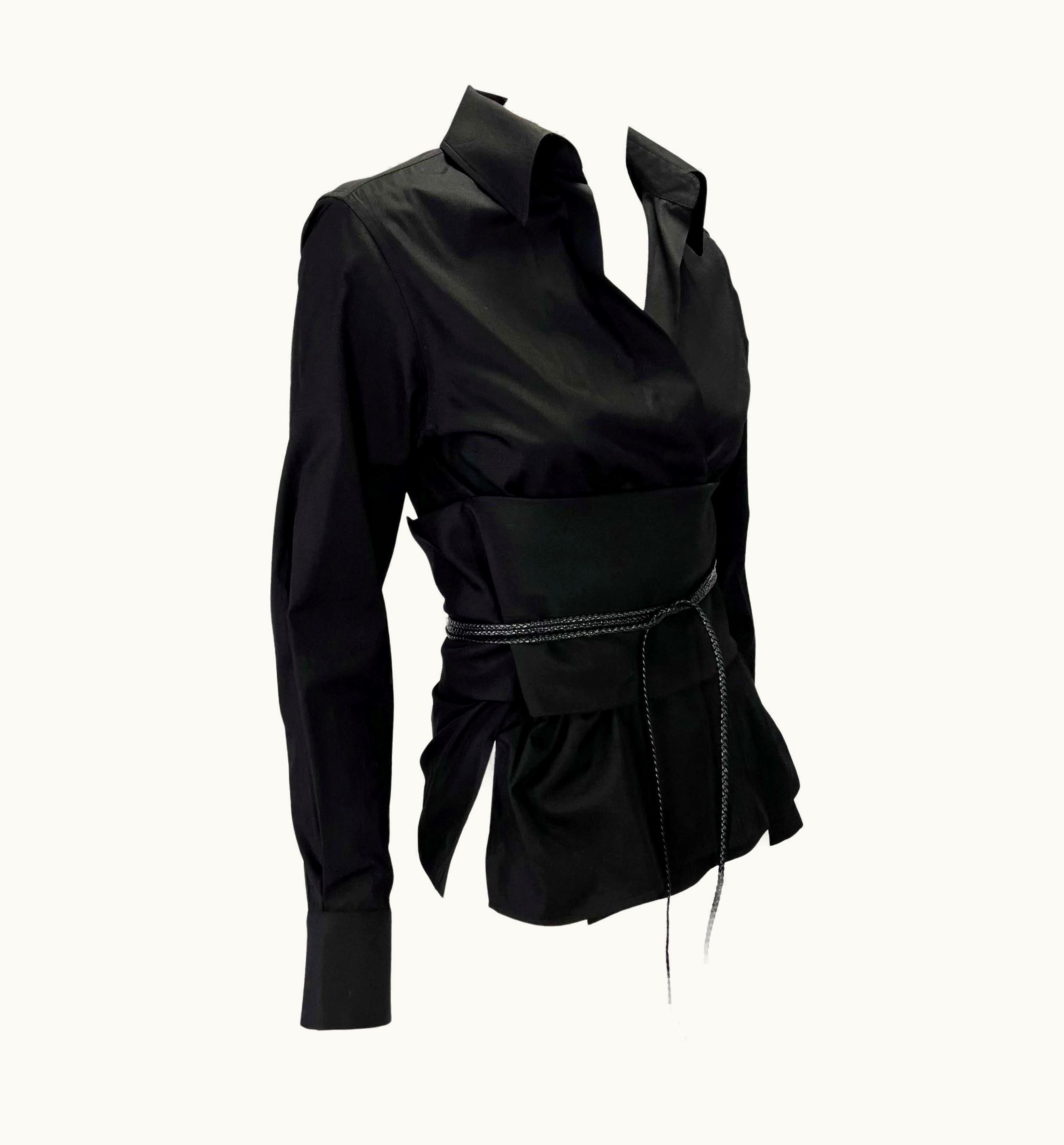 Gucci AW 2002 Gucci By Tom Ford Black Obi Leather Belted Plunge Cotton Blouse