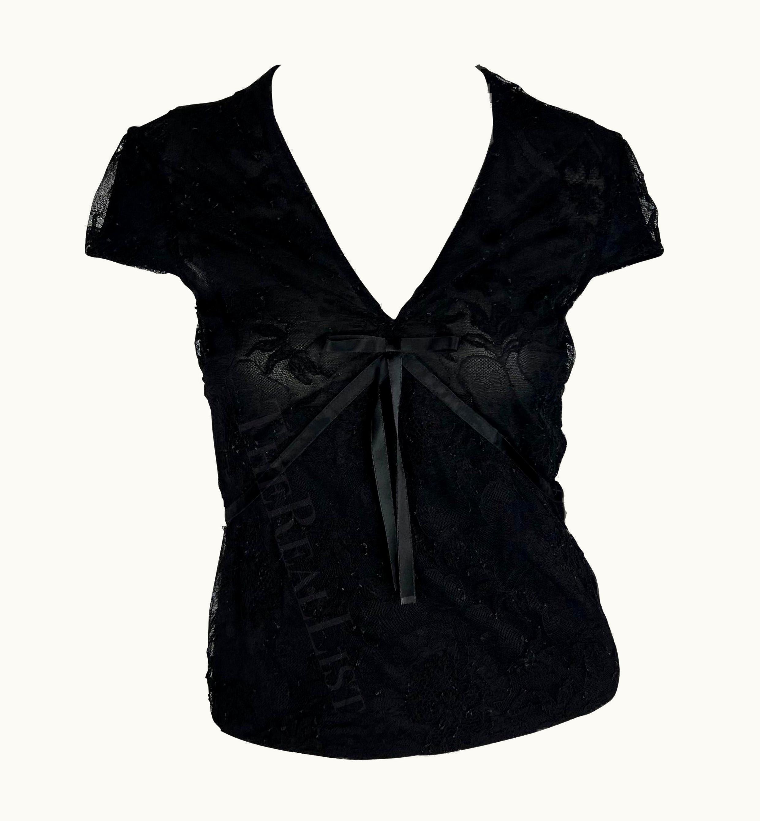 Gucci S/S 2002 Gucci By Tom Ford Black Sheer Floral Lace Ribbon Bow T-Shirt