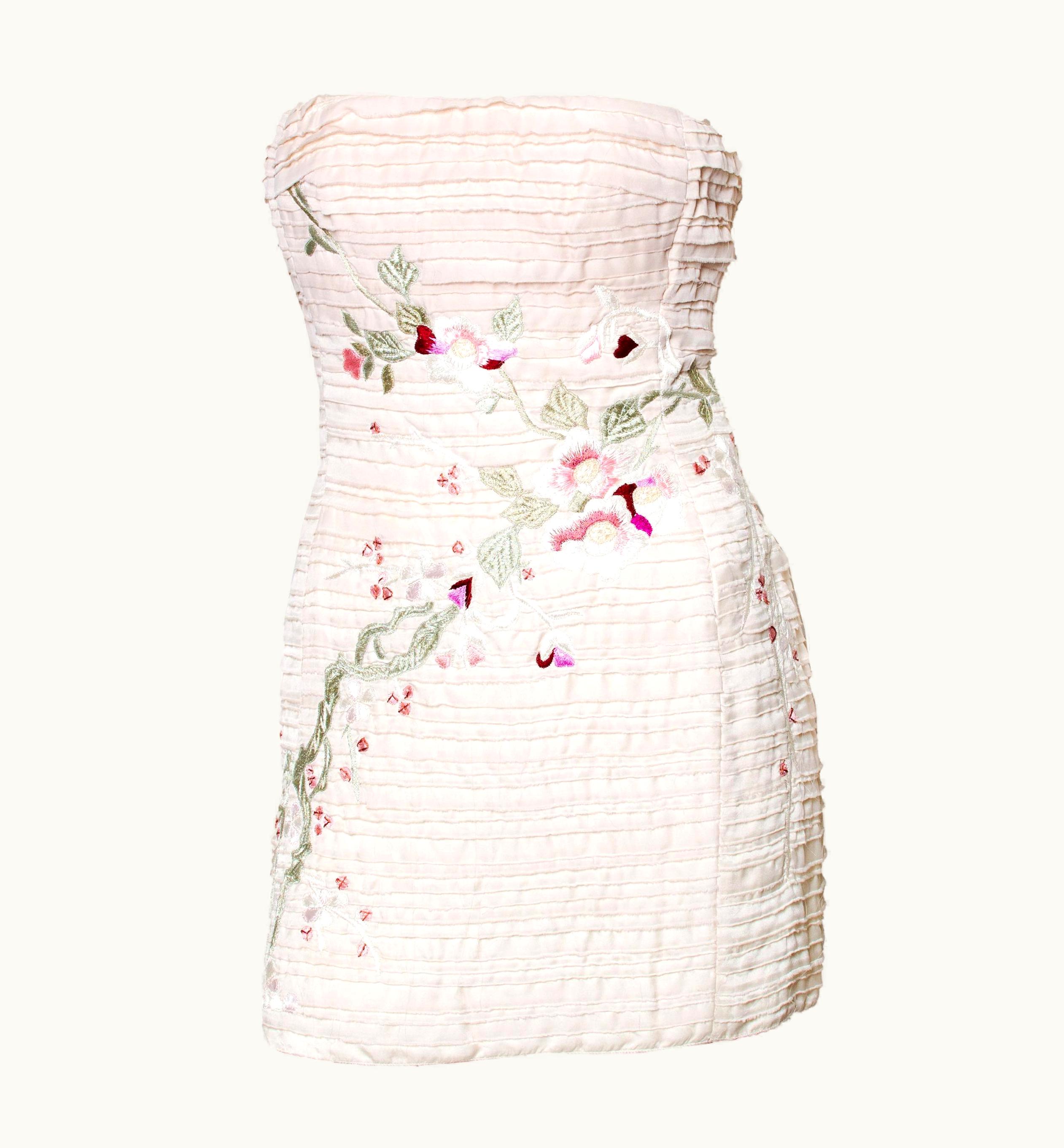 Gucci S/S 2003 Gucci By Tom Ford Embroidered Silk Mini Dress Cherry Blossom Floral