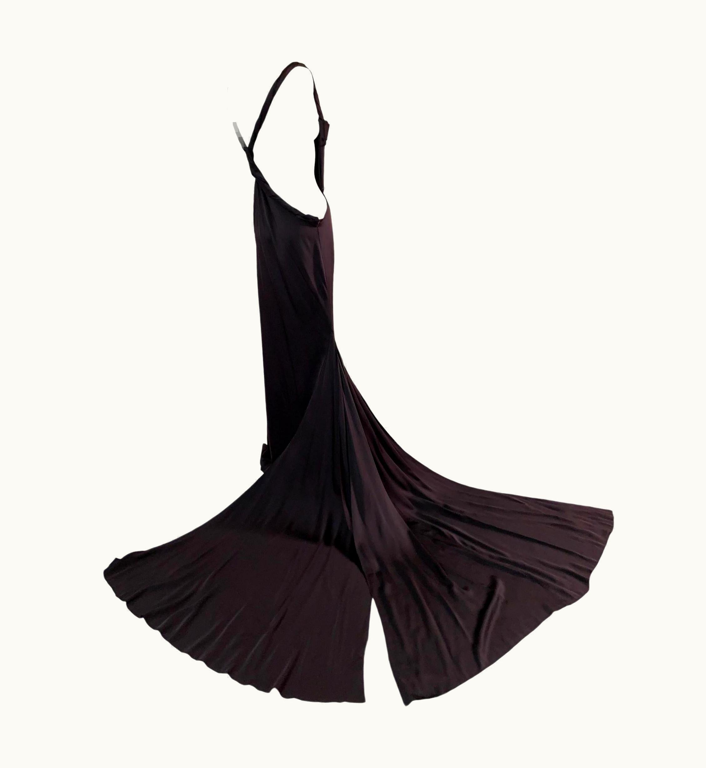 Gucci AW 2002 Gucci Tom Ford Runway Brown Silk Plunging Back Gown Dress W Train