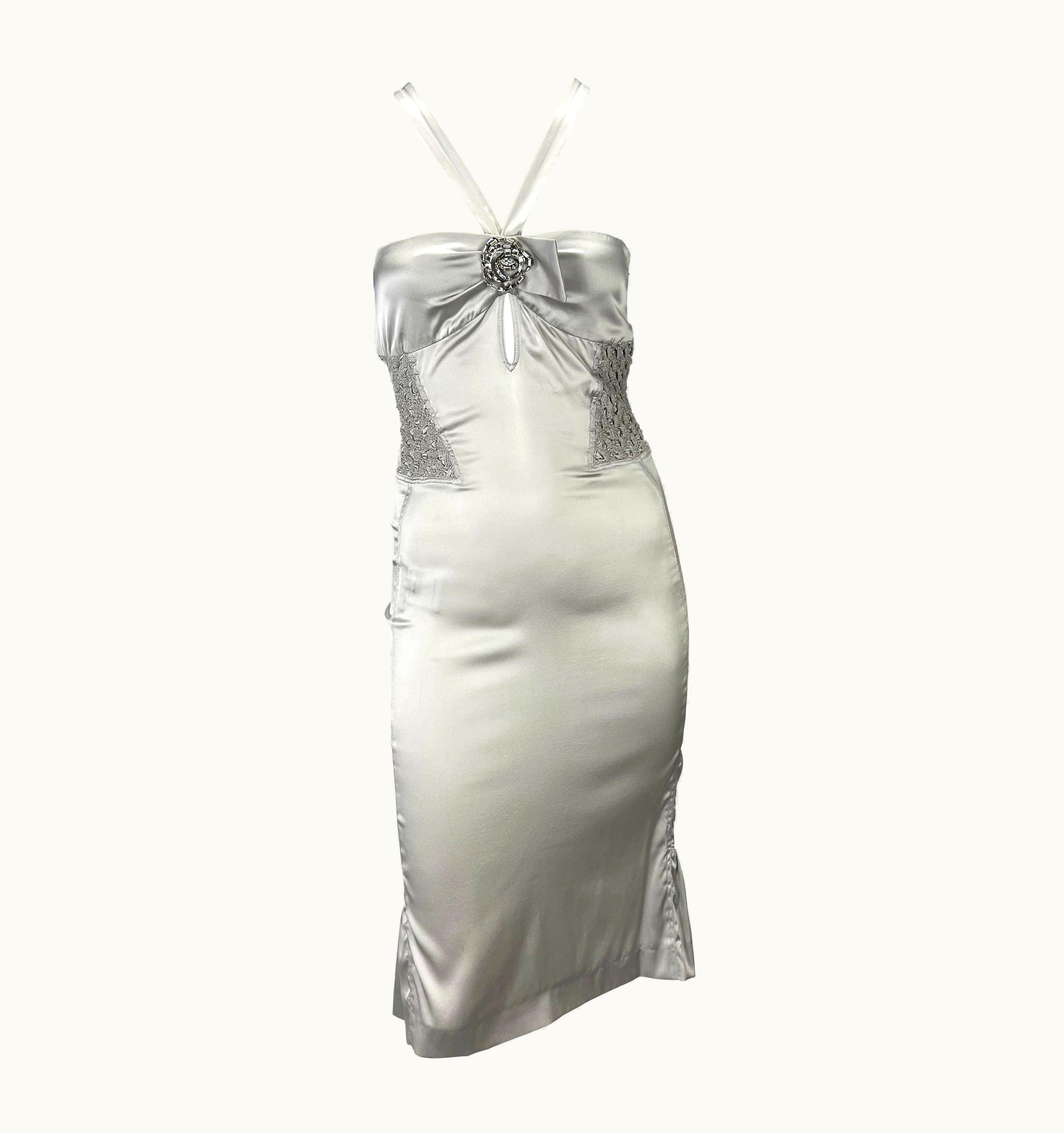 Gucci S/S 2004 Gucci By Tom Ford Backless Rhinestone Ruched Silver Silk Strap Dress