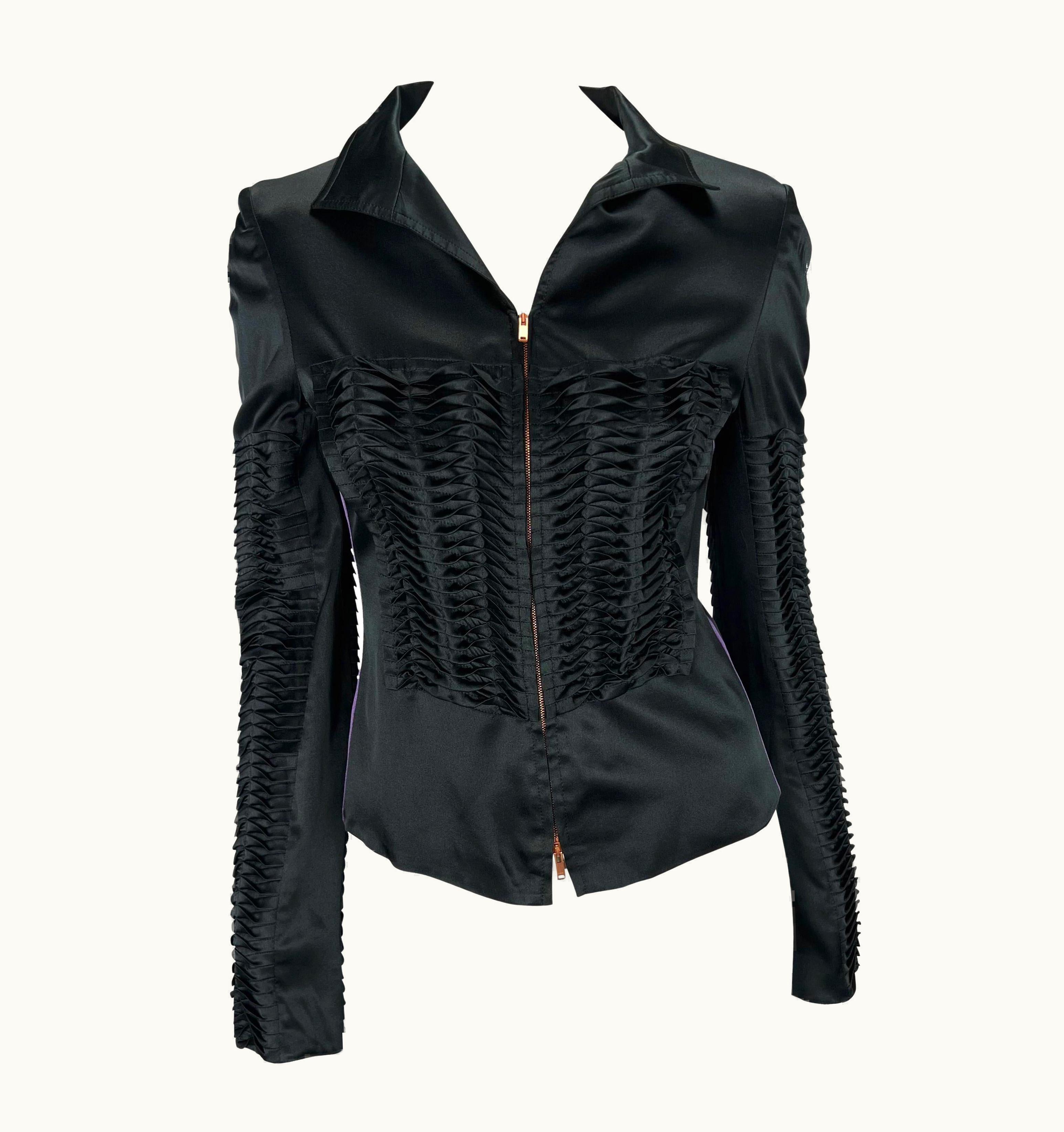 Gucci S/S 2004 Gucci By Tom Ford Runway Black Pleated Satin Purple Stripe Jacket UZ0574354