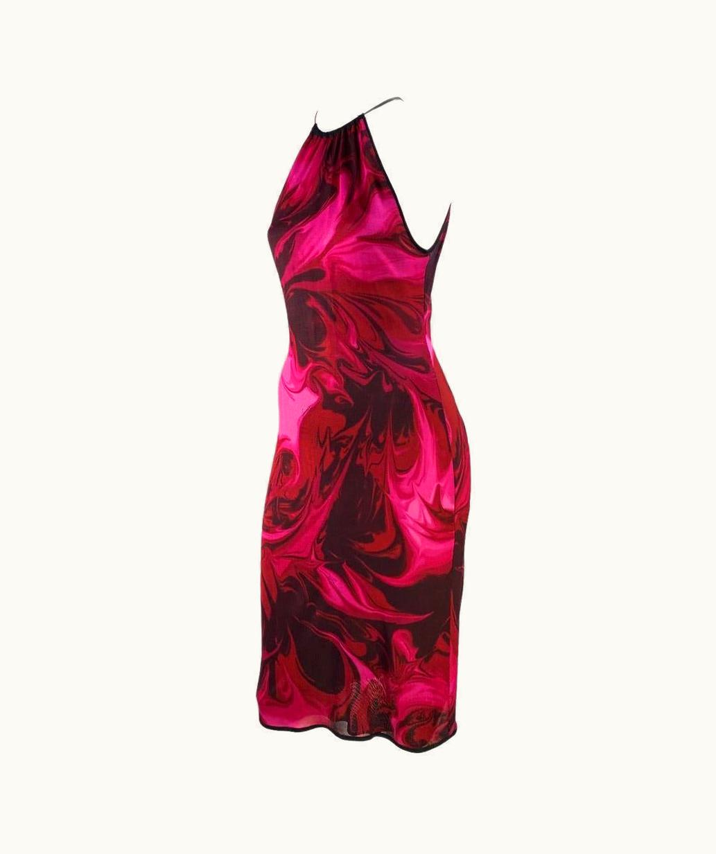 Gucci S/S 2001 Gucci By Tom Ford Pink Liquid Magma Print Stretch Knit Halter Dress