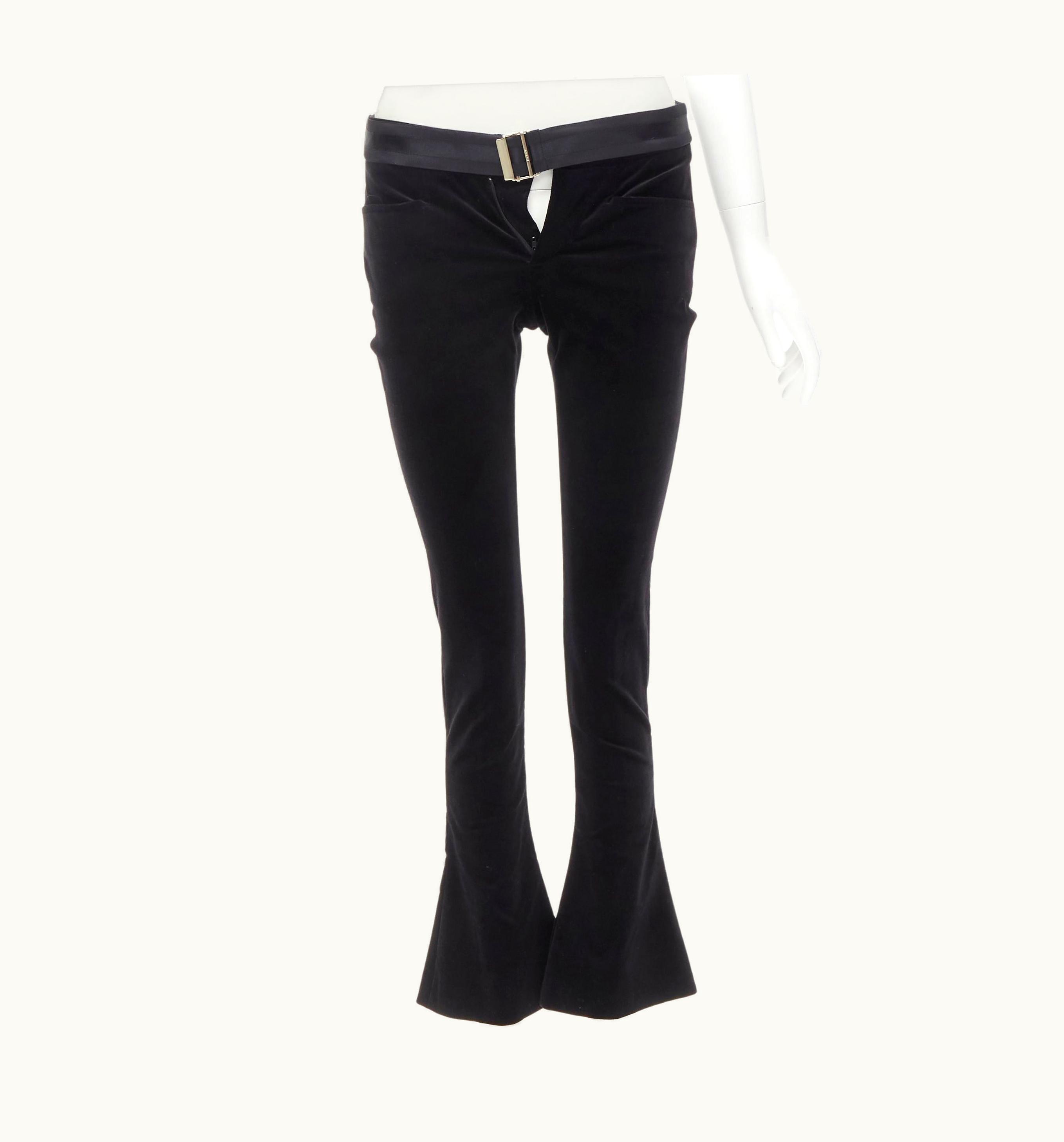 Gucci Tom Ford 2004 Vintage Black Web Gold Buckle Velvet Flared Pants