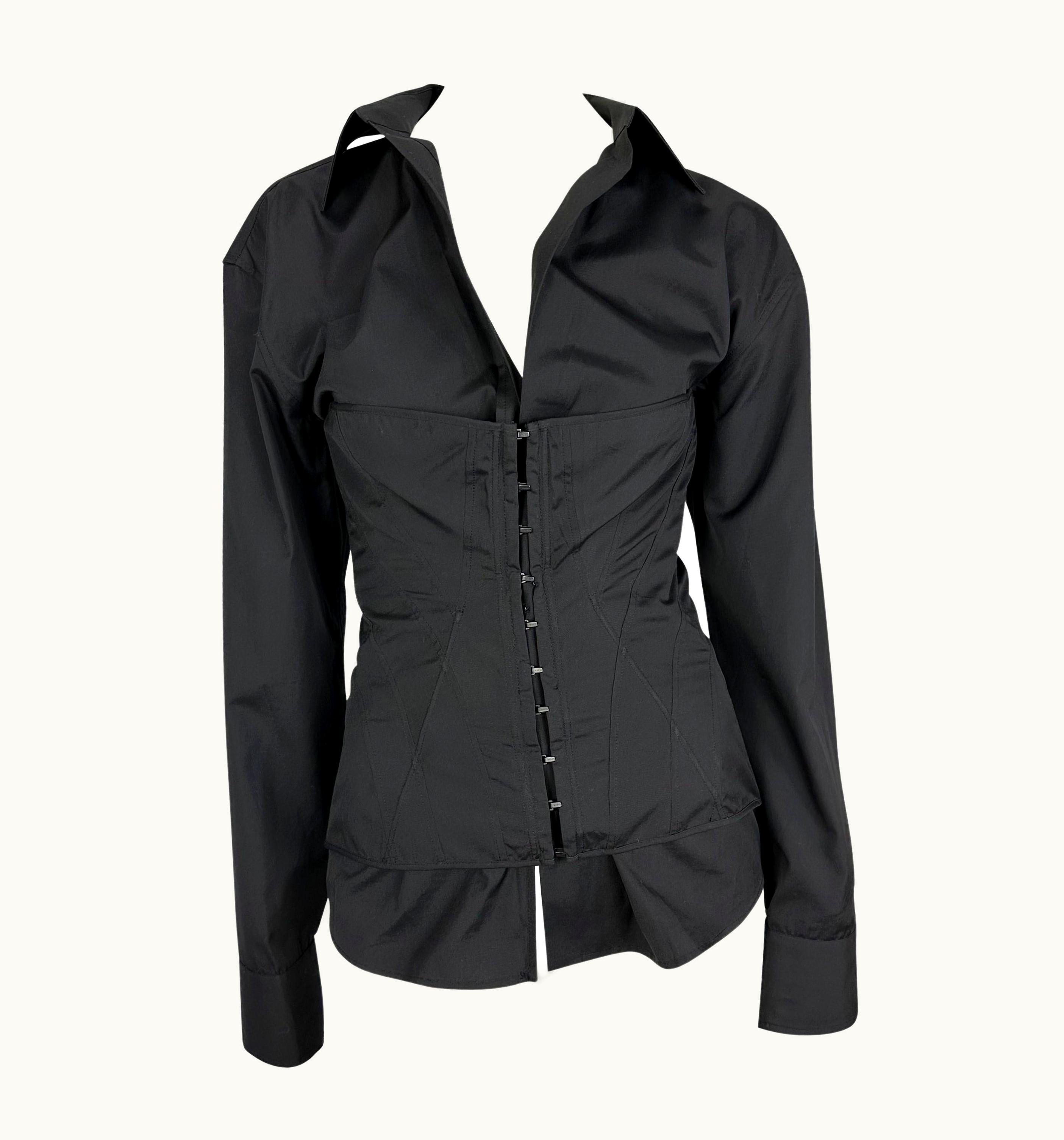 Gucci S/S 2001 Gucci By Tom Ford Ad Campaign Corset Black Plunging Cotton Blouse