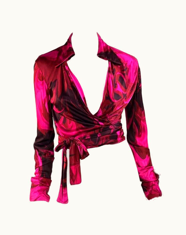 Gucci S/S 2001 Gucci By Tom Ford Pink Liquid Magma Print Wrap Blouse Crop Top