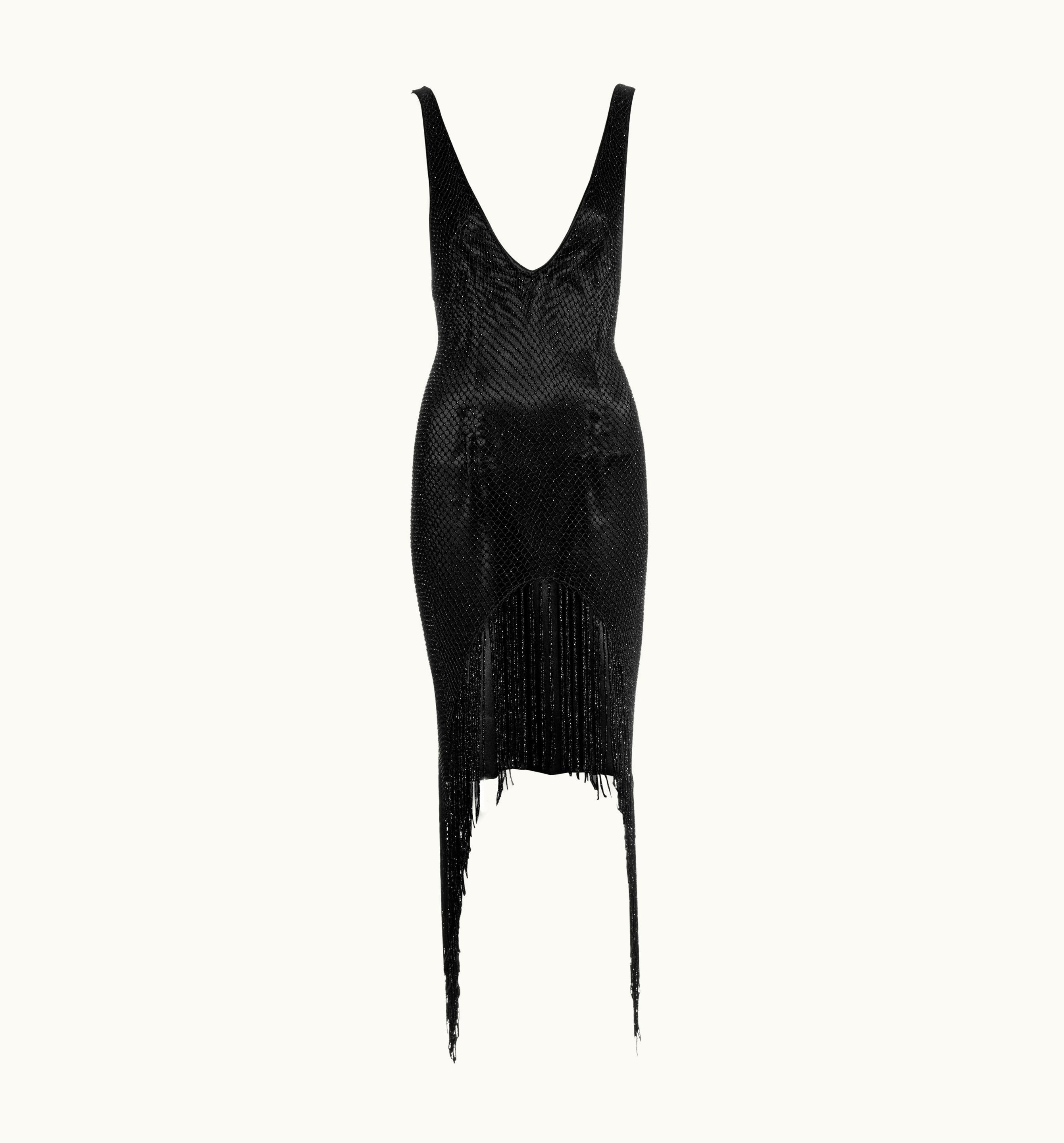 Gucci By Tom Ford Black Silk Low Plunge Dress With Beaded Net Overlay, AW 2002