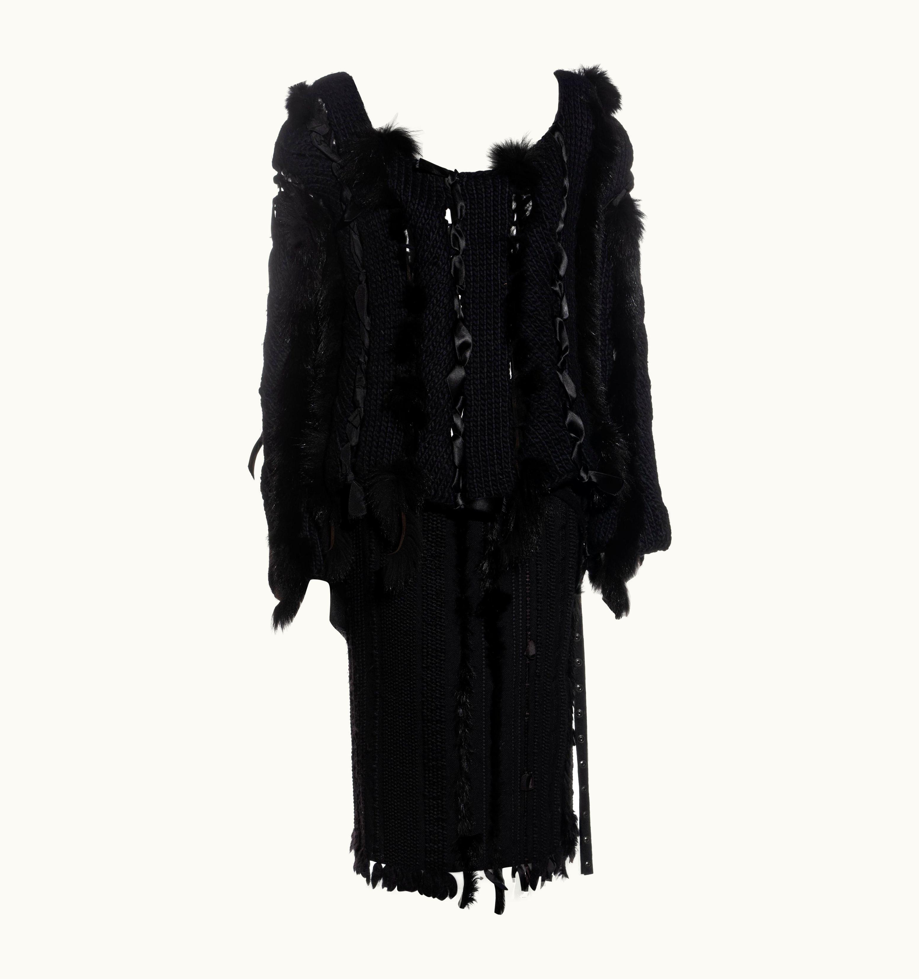 Gucci By Tom Ford Black Knitted Wool And Fur Sweater And Skirt Set, AW 2002