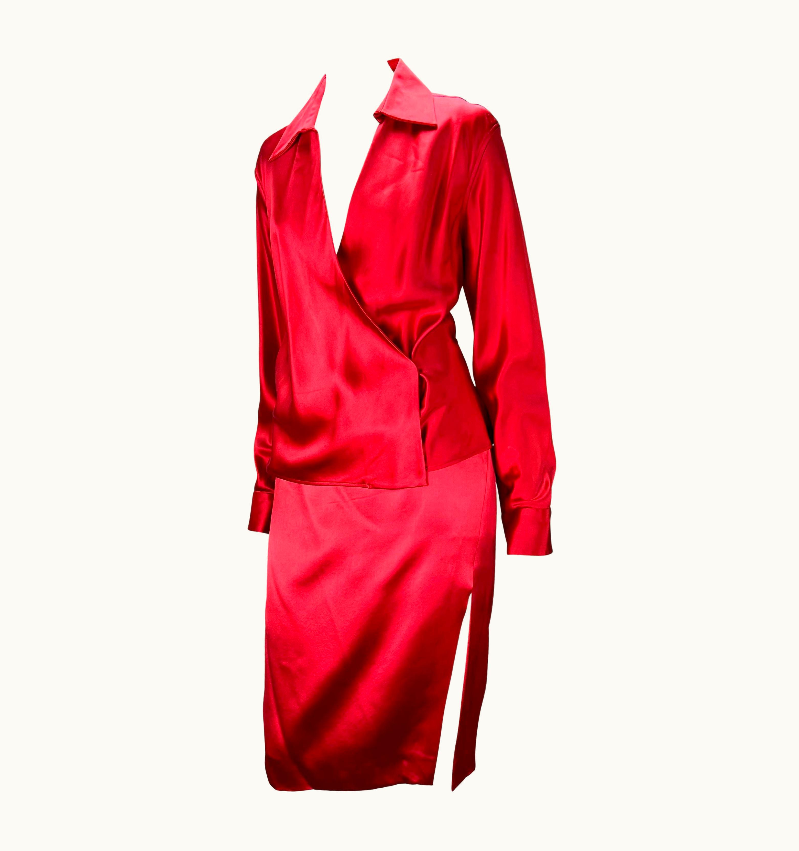 Gucci S/S 2001 Gucci By Tom Ford Red Plunging Satin Wrap Top Slit Skirt Set