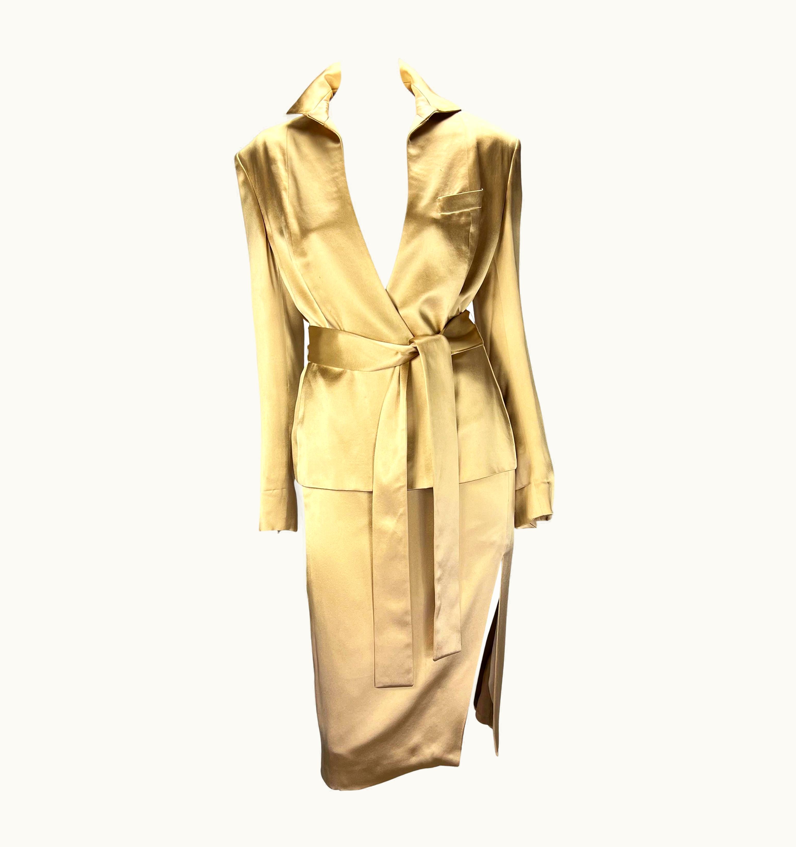 Gucci S/S 2001 Gucci By Tom Ford Champagne Silk Satin Sash Belt Sample Skirt Suit